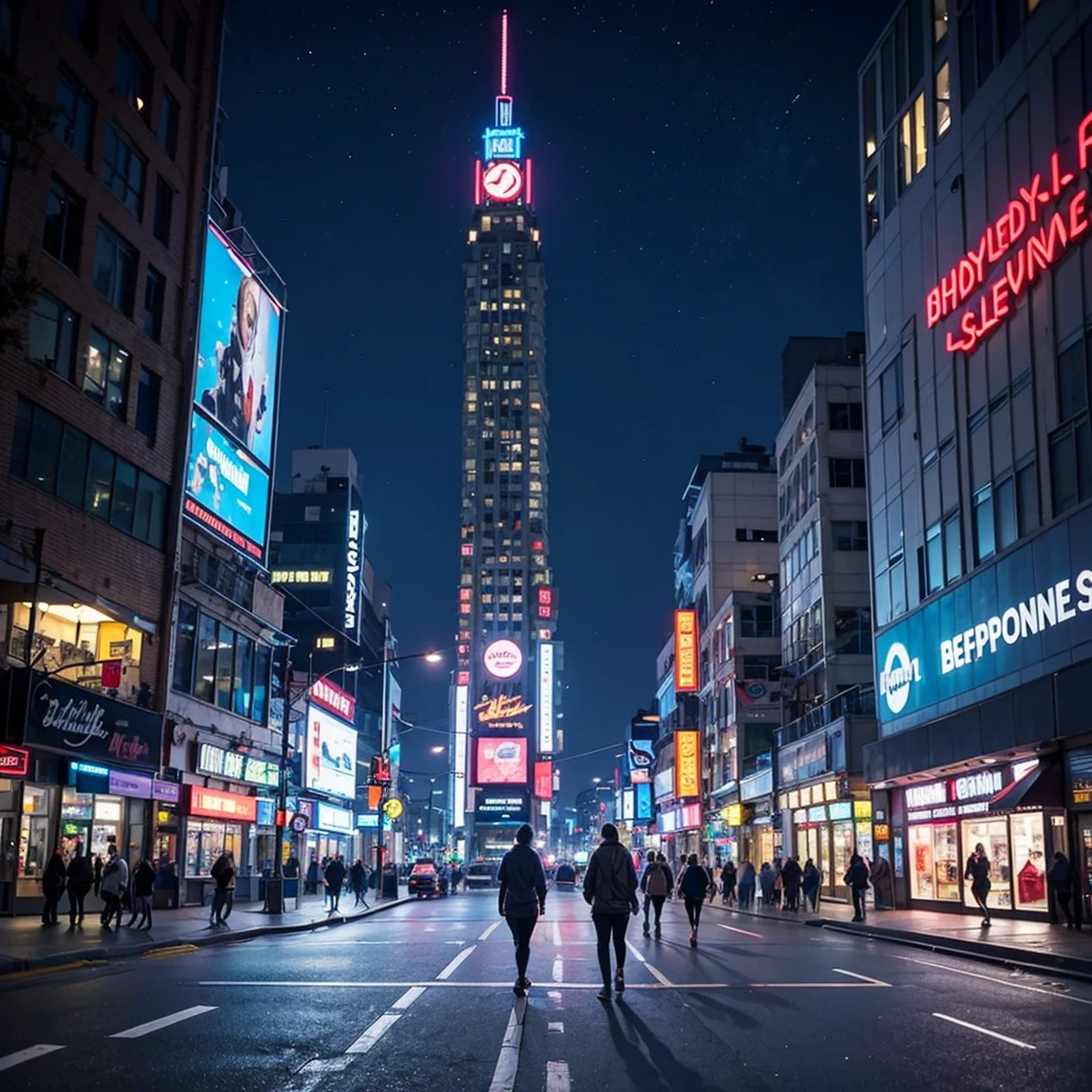 people walking in a city at night with a large clock tower in the background, in a futuristic cyberpunk city, futuristic cyberpunk scenario, arstation and beeple highly, in fantasy sci - fi city, sci-fi cyberpunk city street, busy cyberpunk metropolis, 3 d render beeple, cinematic beeple, cyberpunk city street, in style of beeple