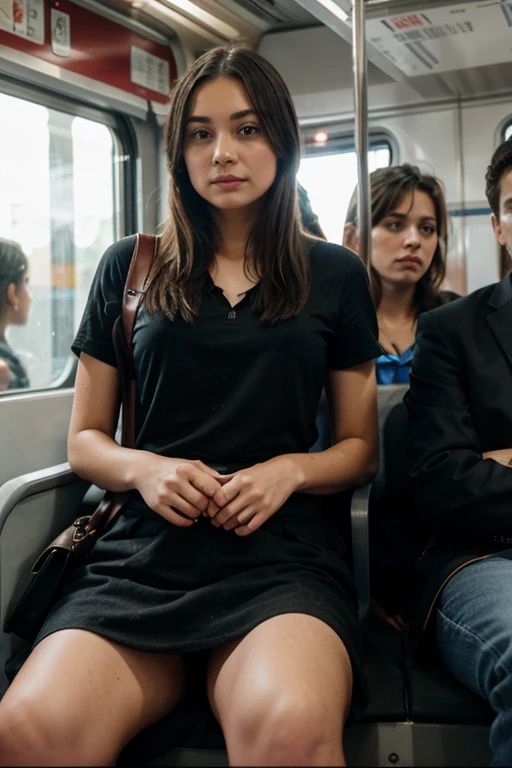 One girl on train with a lot of people around her