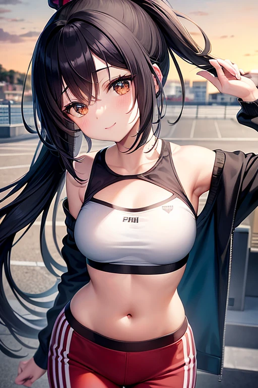 captivating scene featuring a cute anime-style girl with distinctive features, set against the backdrop of a winter wonderland. She will have black hair tied in a ponytail., single eyelids, e com capuz, abafado, profundo, olhos cativantes de uma impressionante cor laranja escuro. Your facial expression will be a gentle smile. Idade 15 anos. She will wear a Parker-themed workout top and track pants adorned with an intricate design., bonito e esportivo.. The background will represent a rooftop, creating a magical New Year's Day atmosphere. The action captured will be as if she is parkour jumping in a fun way, adding a sense of bouncy movement and joy to the scene. This combination of elements should produce an ultra-special quality image that looks like a masterpiece.