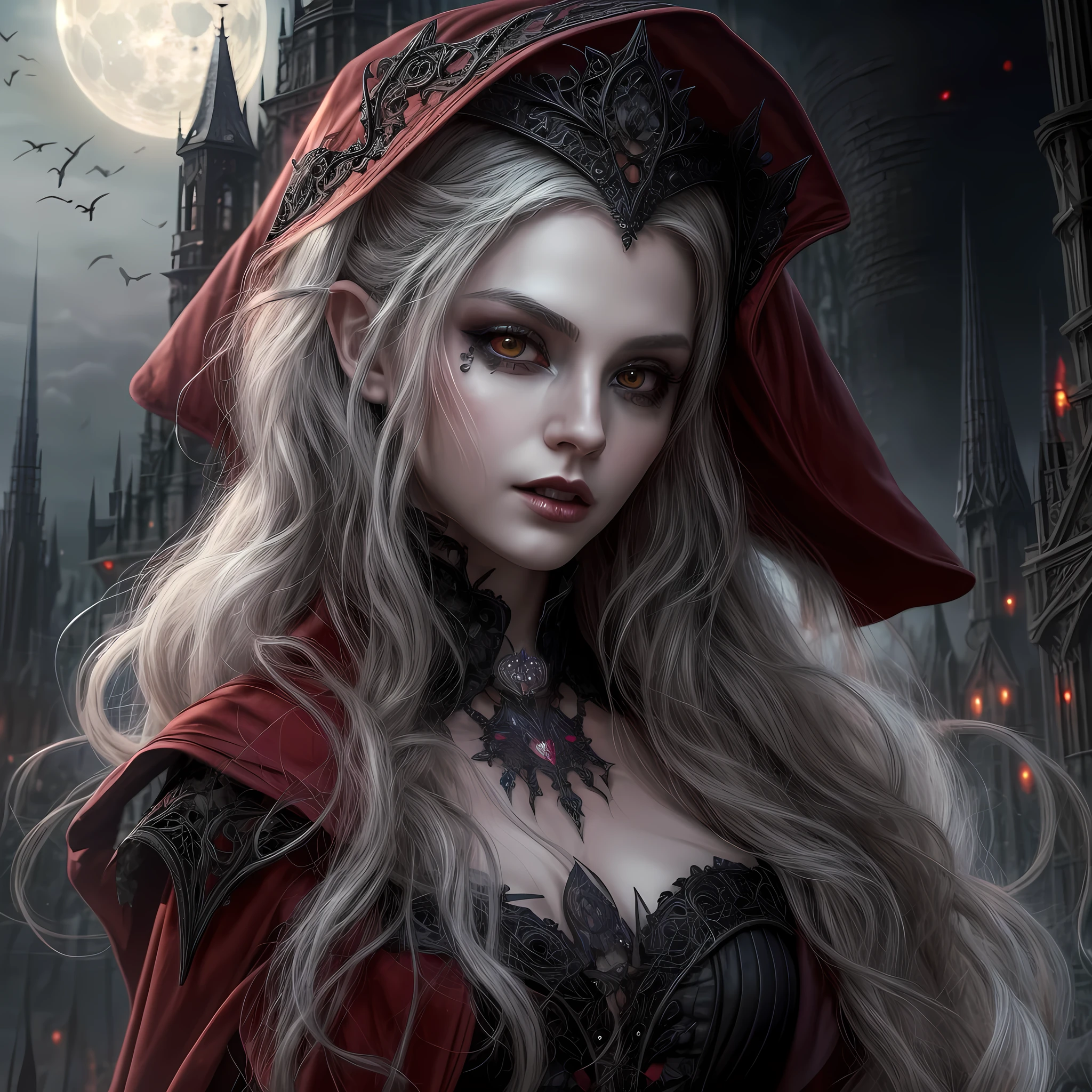 fantasy art, gothic art, (masterpiece:1.5), full body best details, highly detailed, best quality, Glowing Red, highres, full body portrait of a vampire, elf (Masterpiece, best quality: 1.6), ultra feminine, wizard, (intricate details, Masterpiece, best quality: 1.5) with a long curvy hair, light color hair, (red1.3) eyes, (fantasy art, Masterpiece, best quality), ((beautiful delicate face)), Ultra Detailed Face (intricate details, fantasy art, Masterpiece, best quality: 1.5), [[vampiric fangs 1.5]] (red cloak: 1.3) , flowing cloak (intricate details, fantasy art, Masterpiece, best quality: 1.3), wearing an intricate (black: 1.2) dress (intricate details, fantasy art, Masterpiece, best quality: 1.5), high heeled boots, urban background (intense details, beat details), fantasy, at night light, natural ,moon light, clouds, gothic atmosphere, soft light, dynamic light, [[anatomically correct]], high details, best quality, 8k, [ultra detailed], masterpiece, best quality, (extremely detailed), dynamic angle