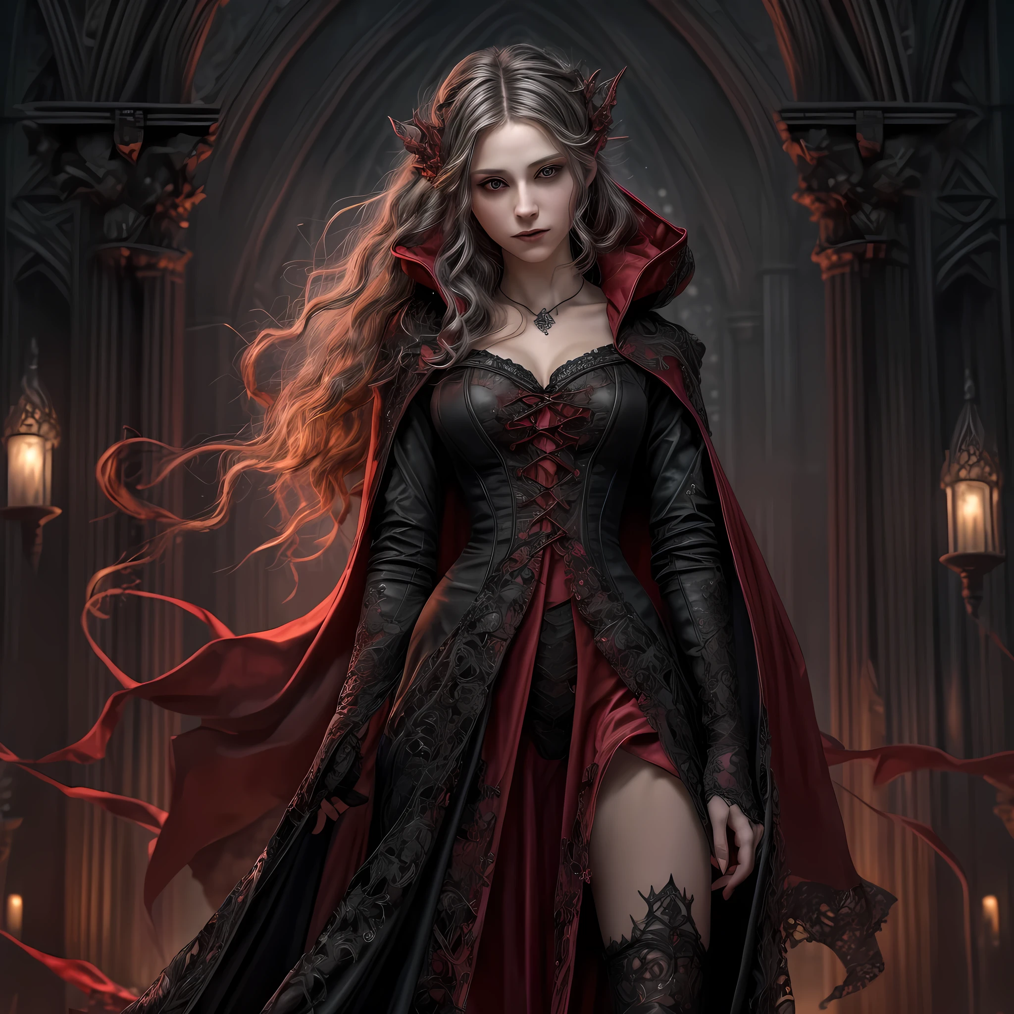 fantasy art, gothic art, (masterpiece:1.5), full body best details, highly detailed, best quality, Glowing Red, highres, full body portrait of a vampire, elf (Masterpiece, best quality: 1.6), ultra feminine, wizard, (intricate details, Masterpiece, best quality: 1.5) with a long curvy hair, light color hair, (red1.3) eyes, (fantasy art, Masterpiece, best quality), ((beautiful delicate face)), Ultra Detailed Face (intricate details, fantasy art, Masterpiece, best quality: 1.5), [[vampiric fangs 1.5]] (red cloak: 1.3) , flowing cloak (intricate details, fantasy art, Masterpiece, best quality: 1.3), wearing an intricate (black: 1.2) dress (intricate details, fantasy art, Masterpiece, best quality: 1.5), high heeled boots, urban background (intense details, beat details), fantasy, at night light, natural ,moon light, clouds, gothic atmosphere, soft light, dynamic light, [[anatomically correct]], high details, best quality, 8k, [ultra detailed], masterpiece, best quality, (extremely detailed), dynamic angle
