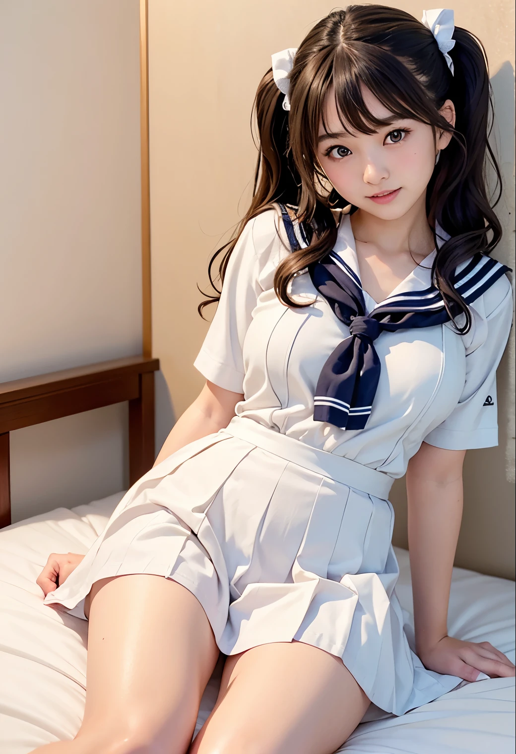 (highest quality,masterpiece:1.3,Ultra-high resolution),(Very detailed、Caustics) (Realistic:1.4, RAW shooting、)Ultra-Realistic Capture、Very detailed、Natural skin texture、masterpiece、(junior high school sailor suit:1.3)、Short-sleeved sailor suit、She straddles the man sleeping in bed、1 Japanese girl、Adorable expression、Expression of happiness、************、Young Face、Amazingly cute、Twin tails、Curly Hair、Black Hair、Scrunchie、light makeup、Big breasts that look like they might burst、Bare arms、Shining thighs、Shot in a hotel bedroom、smile、An inviting gaze、The exact number of fingers on each hand、Cowboy Shot、