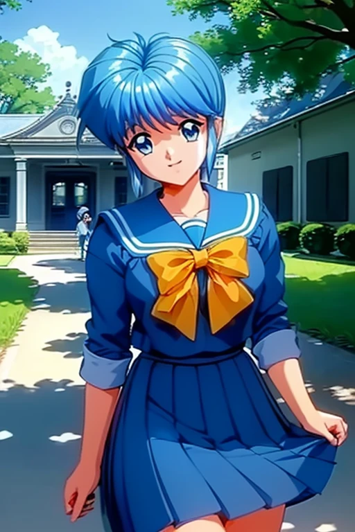 ((highest quality)),(超A high resolution),(Ultra-detailed),(Detailed depiction),((The best CG)),(A masterpiece),super precision art,The art of astonishing depiction, Sparkling eyes, (Fine grain)、Fine and beautiful eyes、(Beautiful breasts:1.1) 、

(((Blue Sailor Suit、Large yellow ribbon:1.5、Blue pleated skirt)))、Teenage Girl、1 girl、beautiful girl、
Blue Hair、short hair、blue eyes、blue eyes、blue eyes、smile、smile、
Under the big cherry tree at school、Cherry tree in full bloom