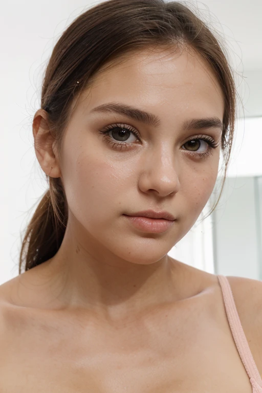 Young girl of European descent, 22, looks away from the camera, wearing a white T-shirt and black shorts . the frame shows her in full height, face with detailed features: Beautiful eyes, thin nose, juicy lips, long eyelashes and detailed hairstyle. The lighting is soft, Photorealism, 8K resolution, High-level granularity. digital art, masterpiece. Full length photo