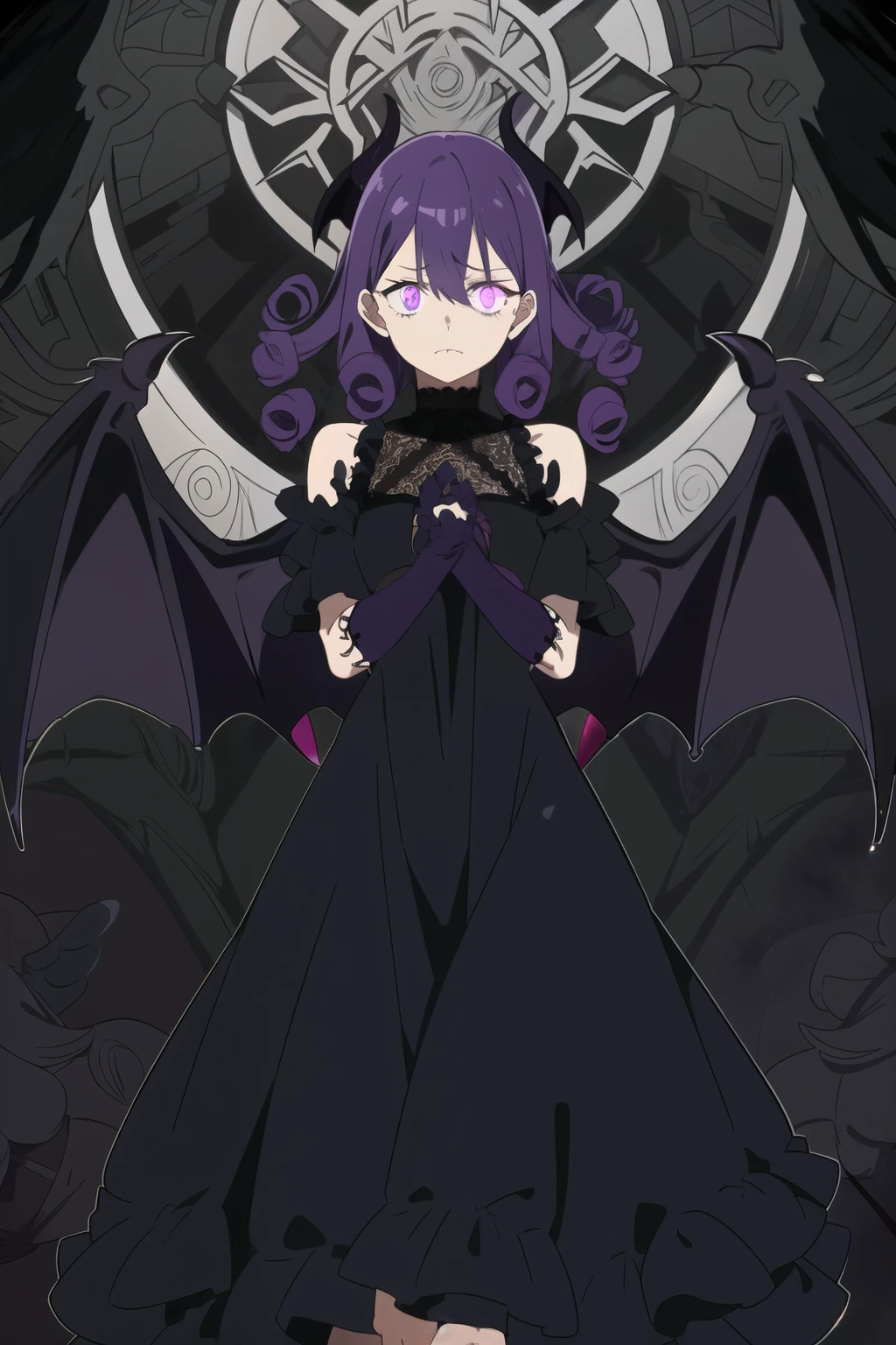 (masterpiece), 1girl, beautiful, demonic, purple hair, ((demon), curvy, medium chest, ((curly hair)), long flowy hair, flowy, frills, lace, long dress, glowing eyes, purple eyes, girl, demonic wings, multiple wings, demonic background, demonic dark clothing, greek clothing, Seraphim, long eyelashes, ((relaxed expression)),