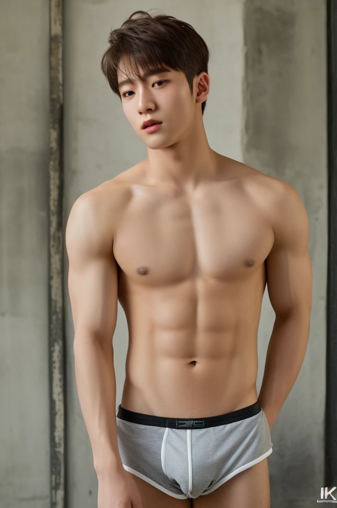 1 person, 18 year old muscular man, korean, topless, wearing jockstrap, soft light, Masterpiece, best quality, Ultra high resolution 8K, DSLR camera, Film texture, photorealistic artwork.