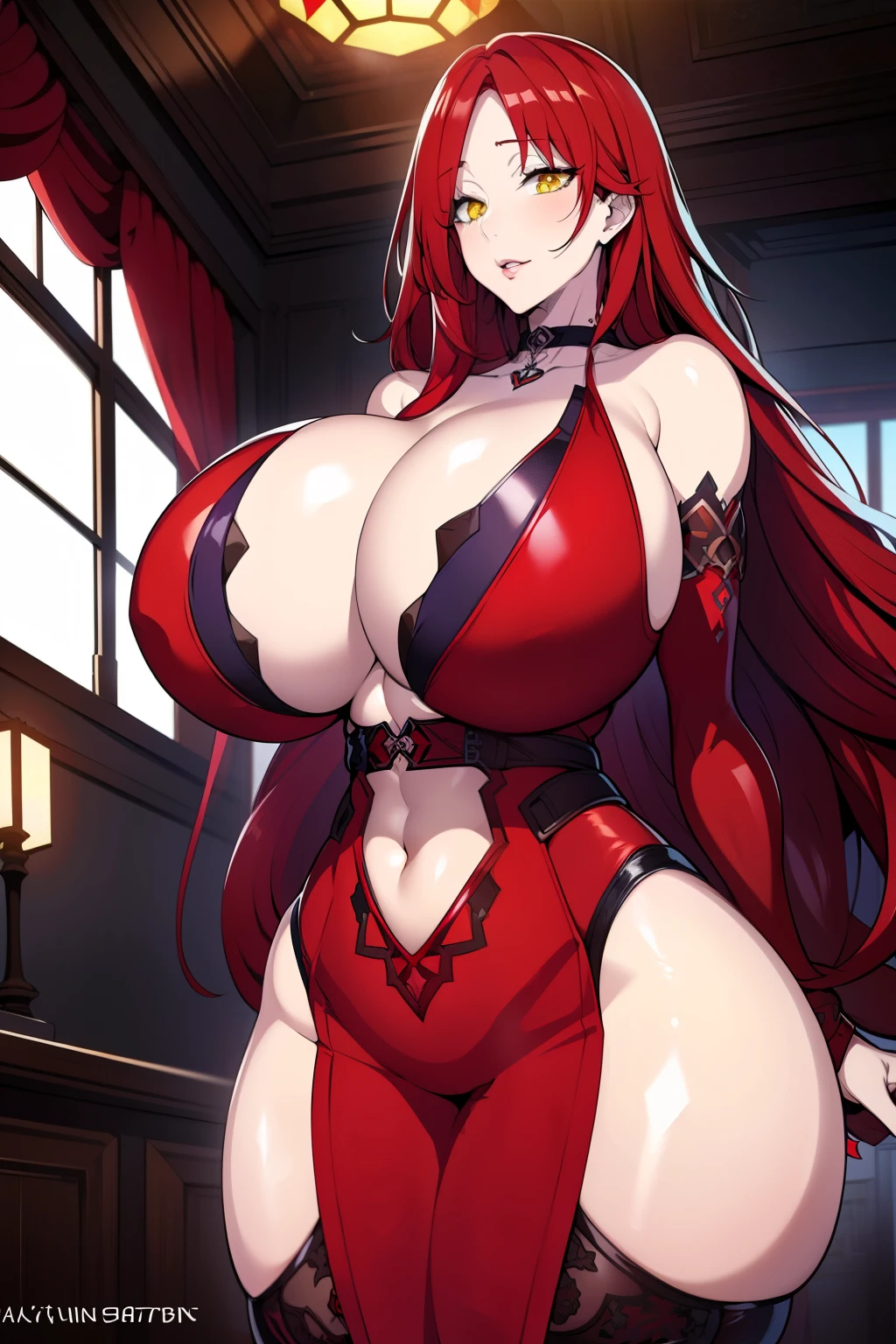 An anime-style artwork depicting astaroth from the game taimanin.
Tags: defAstaroth, hair over one eye, red dress, fur trim, navel cutout, choker, elbow gloves, anime, detailed eyes, detailed lips, , bare shoulders, (red hair:1.4), , clelong hair, solo, huge breasts, (eyes:1.1),, smiling expression, intense gaze, dynamic pose, indoor, palace, vibrant colors, digital art, high-resolution, professional quality, gigantic breasts, (underboo), curvy, cowboy shot, (gigantic breasts: 1.4),