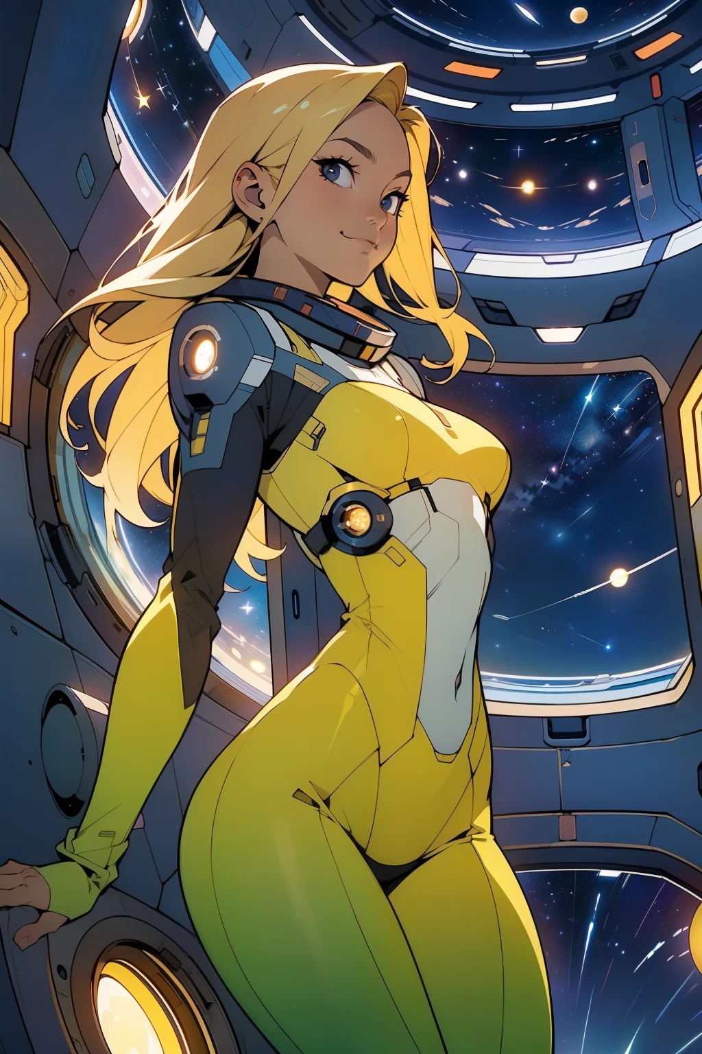 (masterpiece, best quality:1.2), (cowboy shot:1.1), solo, 1girl, mori yuki, slight smile, closed mouth, 3/4 view, looking at viewer, blonde hair, long hair, thigh gap, yellow bodysuit, skin-tight, perfect body, large window, (starship porthole:1.3), (spread legs:1.0), (standing:1.1), thigh gap, sensual pose, sideview, perfect hands, bright starship interior, (outer space view:1.1), (orbital view:1.3), (night, stary sky:1.5), milky way