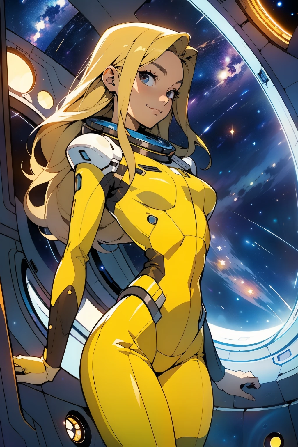 (masterpiece, best quality:1.2), (cowboy shot:1.1), solo, 1girl, mori yuki, slight smile, closed mouth, 3/4 view, looking at viewer, blonde hair, long hair, thigh gap, yellow bodysuit, skin-tight, perfect body, large window, (starship porthole:1.3), (spread legs:1.0), (standing:1.1), thigh gap, sensual pose, sideview, perfect hands, bright starship interior, (outer space view:1.1), (orbital view:1.3), (night, stary sky:1.5), milky way