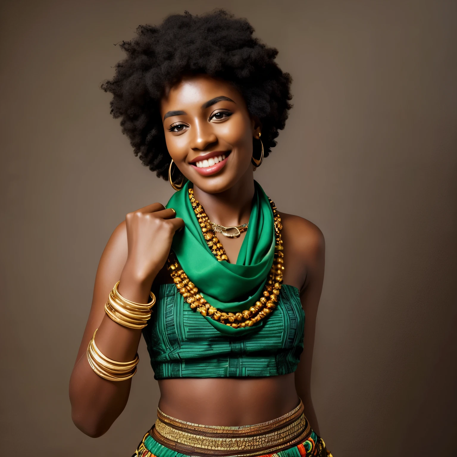 A young Jola woman, age 25, Solo, Traditional African attire,Black curly hair, Sophisticated and radiant, Full figure, Golden bracelets on wrists, Anklet on left foot, Pearly white teeth, Brown eyes, Scarf covering shoulders, Realistic, African culture representation, Expressive facial features, Bright and vibrant colors, detailed textures, Captivating and authentic portrait.