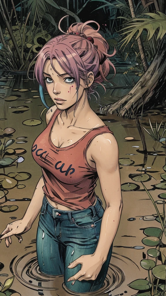 An anime woman with colored hair and t-shirt and jeans drowning in the middle of swamp, sexual interaction, depraved, caught, sinking, sweat, desperate cry,