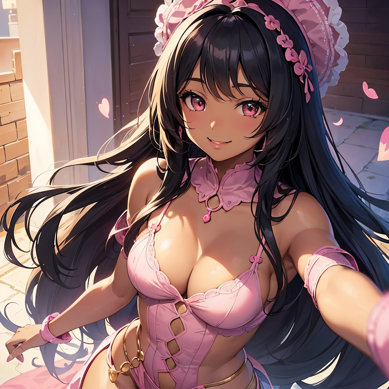 beautiful African American brown-skinned anime girl, detailed background, (long black hair) , (small breasts , small cleavage), detailed face, thick sexy lips, ((pink aesthetic)), (( face shot, smiling, looking in camera)),