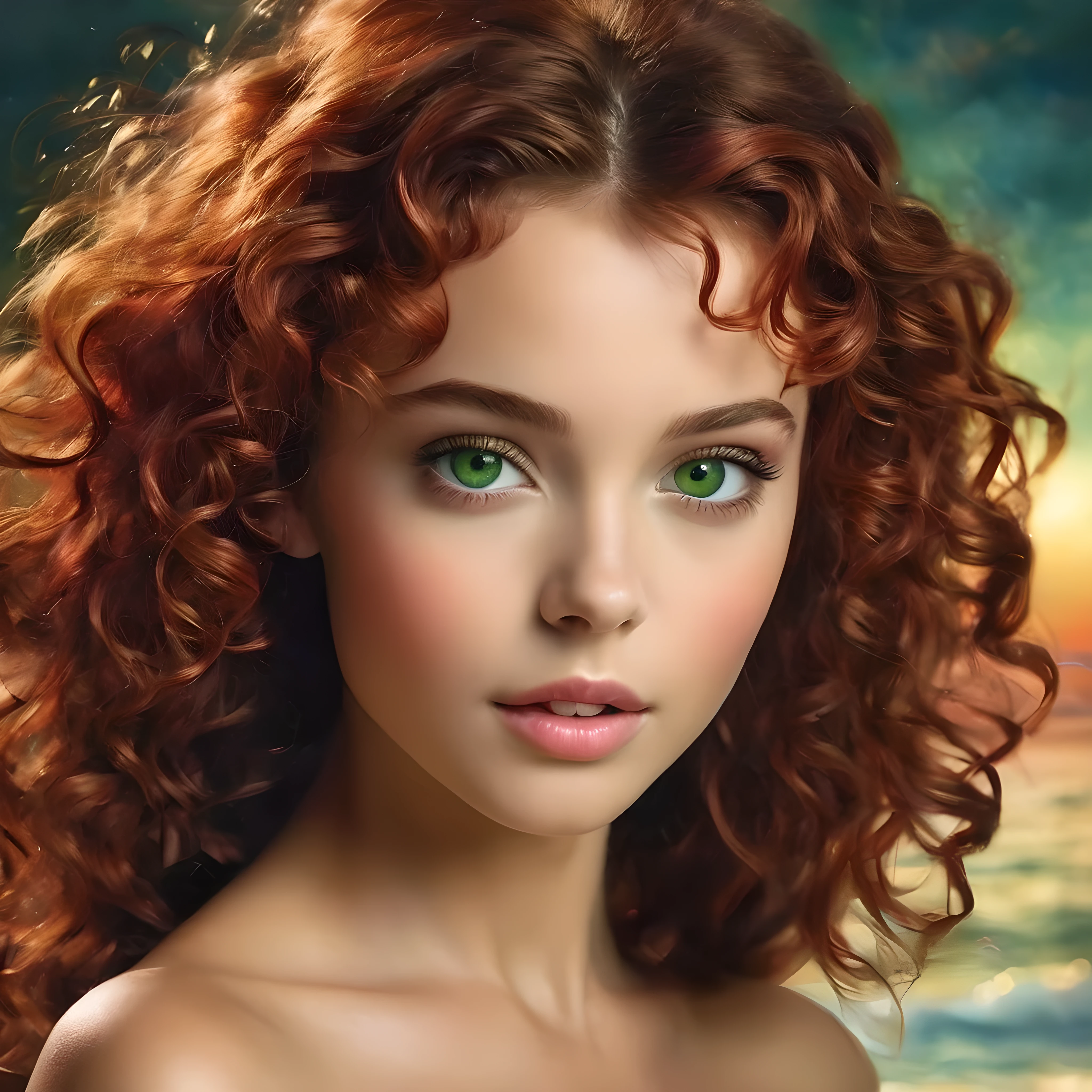 ((RAW picture, Masterpiece, uhd, 8k, best quality, absurdres)), (((hyper realistic))), Kodak Motion Picture Film, 1 girl, solo, 15 years old, the most beautiful teenager in the world, seductive look, elegant, luxurious, ultra-detailed eyes, green eyes, no makeup, red hair, curly hair, long hair, tall girl, long legs, slender body, small breasts, perky nipples, very small waist, bubble butt, perfect ass, naked, on fours, ((showing her ass and pussy, labia)), Continuous Lighting, realistic shadows, windy, surreal sunset, nsfw, full body