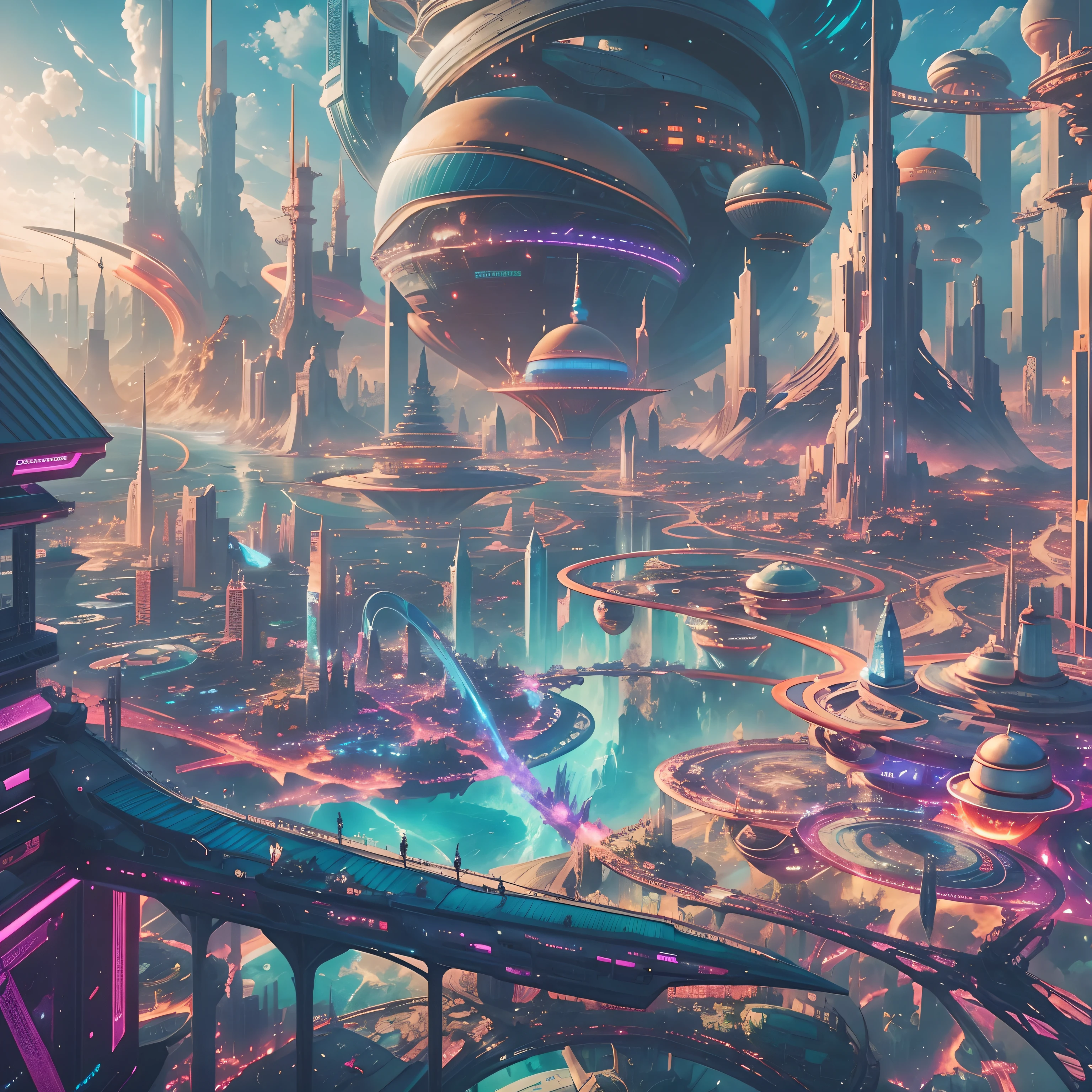 Futuristic cities、Theme parks of the future,Amusement park of the future,Entertainment City,floating in the universe、cyberpunked、Skyscrapers are lined up、A space station、rollercoaster,the Ferris wheel,Huge waterfall attraction,top-quality、masterpiece、dream、utopian、planet earth、World of Dreams、Fantasia、𝓡𝓸𝓶𝓪𝓷𝓽𝓲𝓬、Beautiful city、Space City、A world far beyond human creation