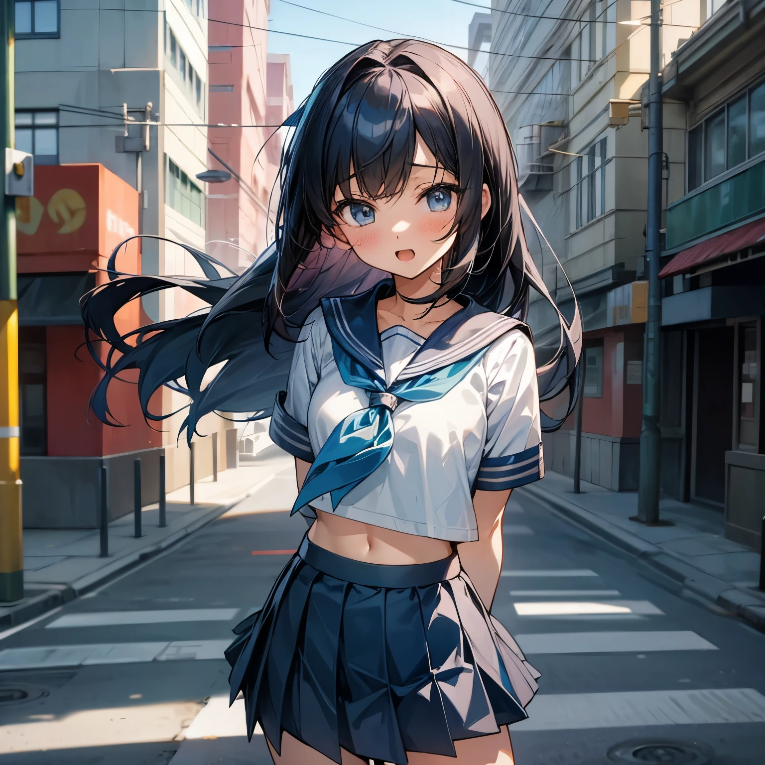 anime anime girl in uniform wearing skirt posing in city street with street light shining down, 1girl, outdoors, skirt, , long hair, solo, pleated skirt, looking at viewer, navel, open mouth, sailor collar, blue skirt, serafuku, neckerchief, blush, short sleeves, shirt, road, white shirt, arms behind back, car, day, motor vehicle, building, blue sailor collar, bangs, street, ground vehicle, cowboy shot, midriff