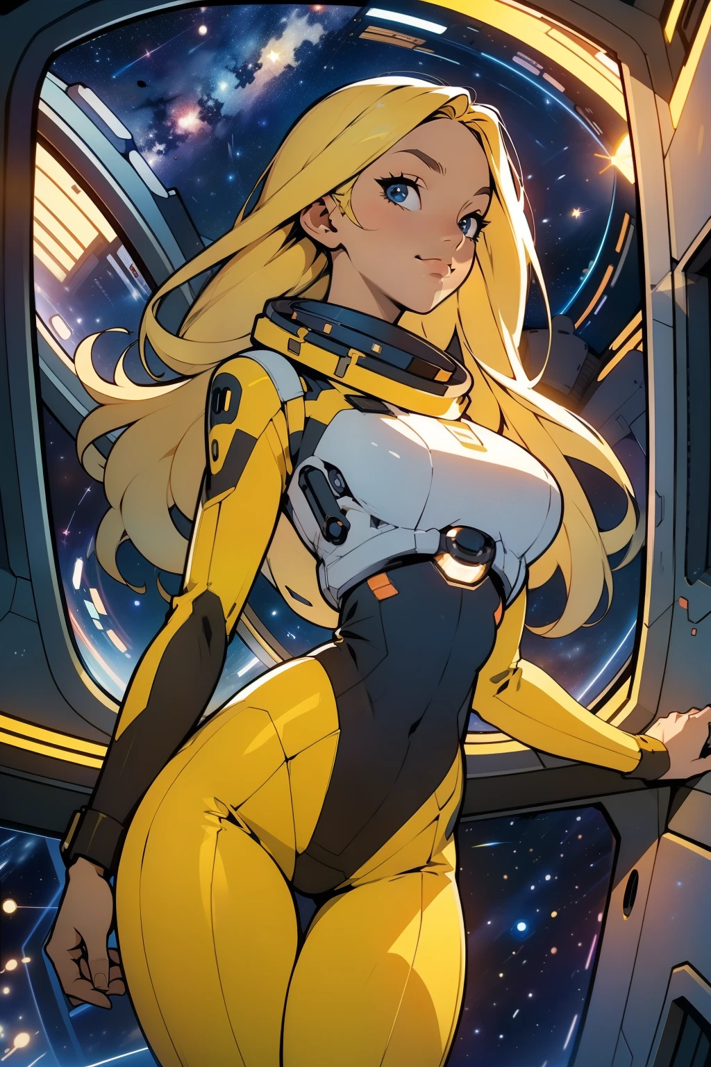 (masterpiece, best quality:1.2), (cowboy shot:1.1), solo, 1girl, mori yuki, slight smile, closed mouth, nearly frontal view, looking at viewer, blonde hair, long hair, thigh gap, yellow bodysuit, skin-tight, perfect body, large window, (starship porthole:1.3), (spread legs:1.0), (standing:1.1), thigh gap, sensual pose, sideview, perfect hands, bright starship interior, (outer space view:1.1), (orbital view:1.3), (night, stary sky:1.5), milky way
