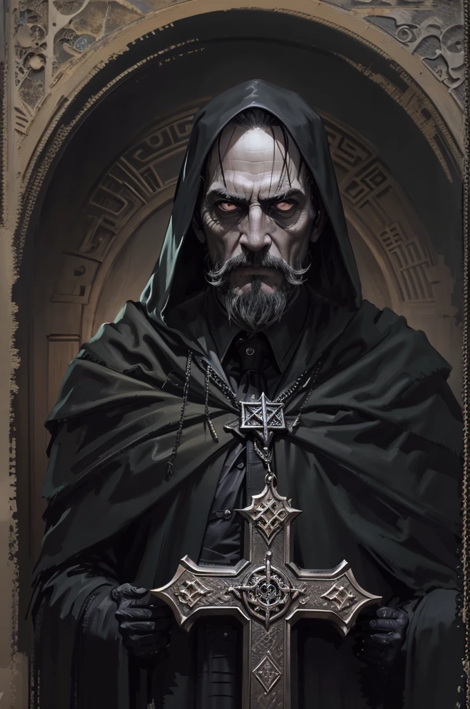 (((best quality)), ((masterpiece)), ((ultra realistic)), (professional black and white portrait photograph), glamor photography, night time, low angle, terrifying male Nosferatu vampire lord, ((bad face, emaciated, haunting big eyes, bald, wrinkled skin)), long big fangs, tattered robes, pasty skin, dark gothic cathedral interior, detailed background, best quality, soft cinematic lighting, sharp focus, (photorealistic:1.4), 4k