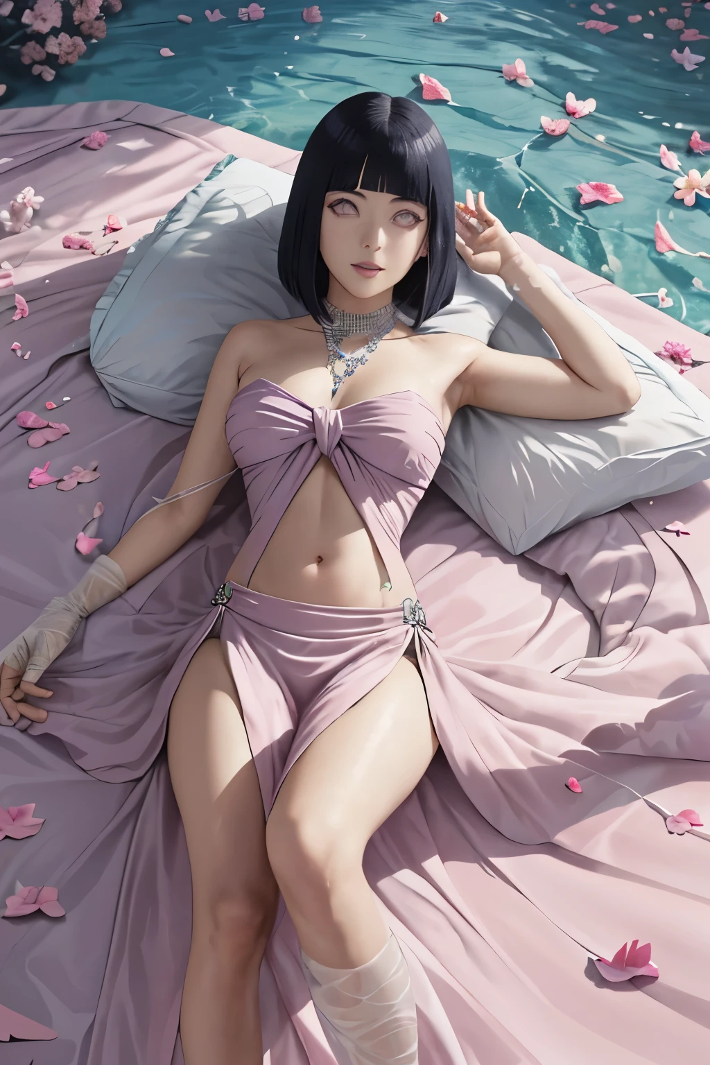 obra de arte, absurdos, Hinata\(boruto\), 1 garota, Sozinho,mulher madura, regata, saia muito curta cintura alta, olhando para o espectador, (falling petals), perfect composition, detalhado lips, peito muito grande, rosto bonito, body proportion, corar, (pink lips), Cabelo longo, olhos roxos, olhar suave, Super realista, detalhado, photoshoot, rosto e corpo realistas, Coxas