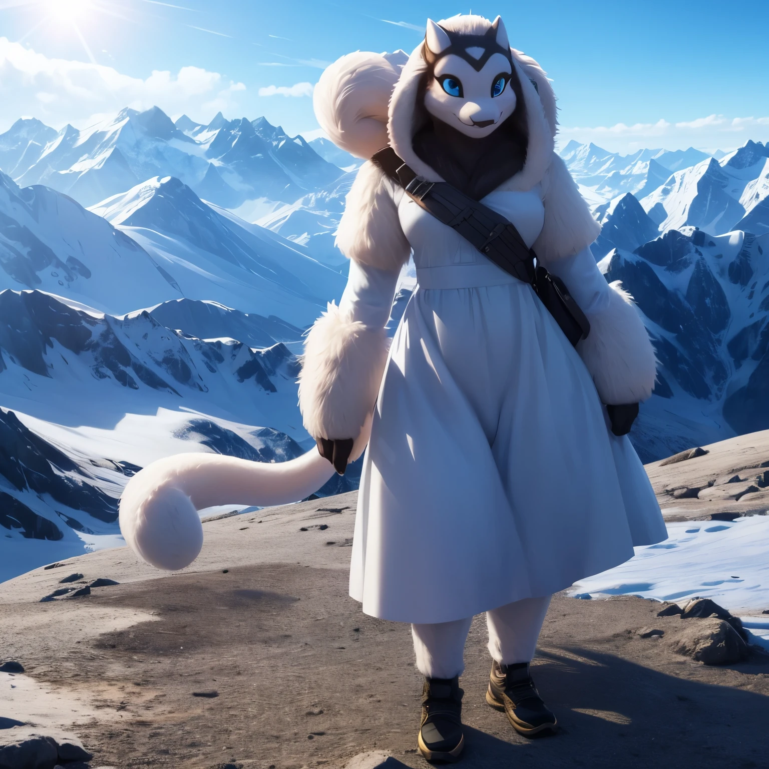 solo,yeti, female, blue eye, cute smile, mountain, perfect face, high quality, sun lights, full body, 4k, realistic shadows, hyper detailed,standing,anthro,reshiram,dress