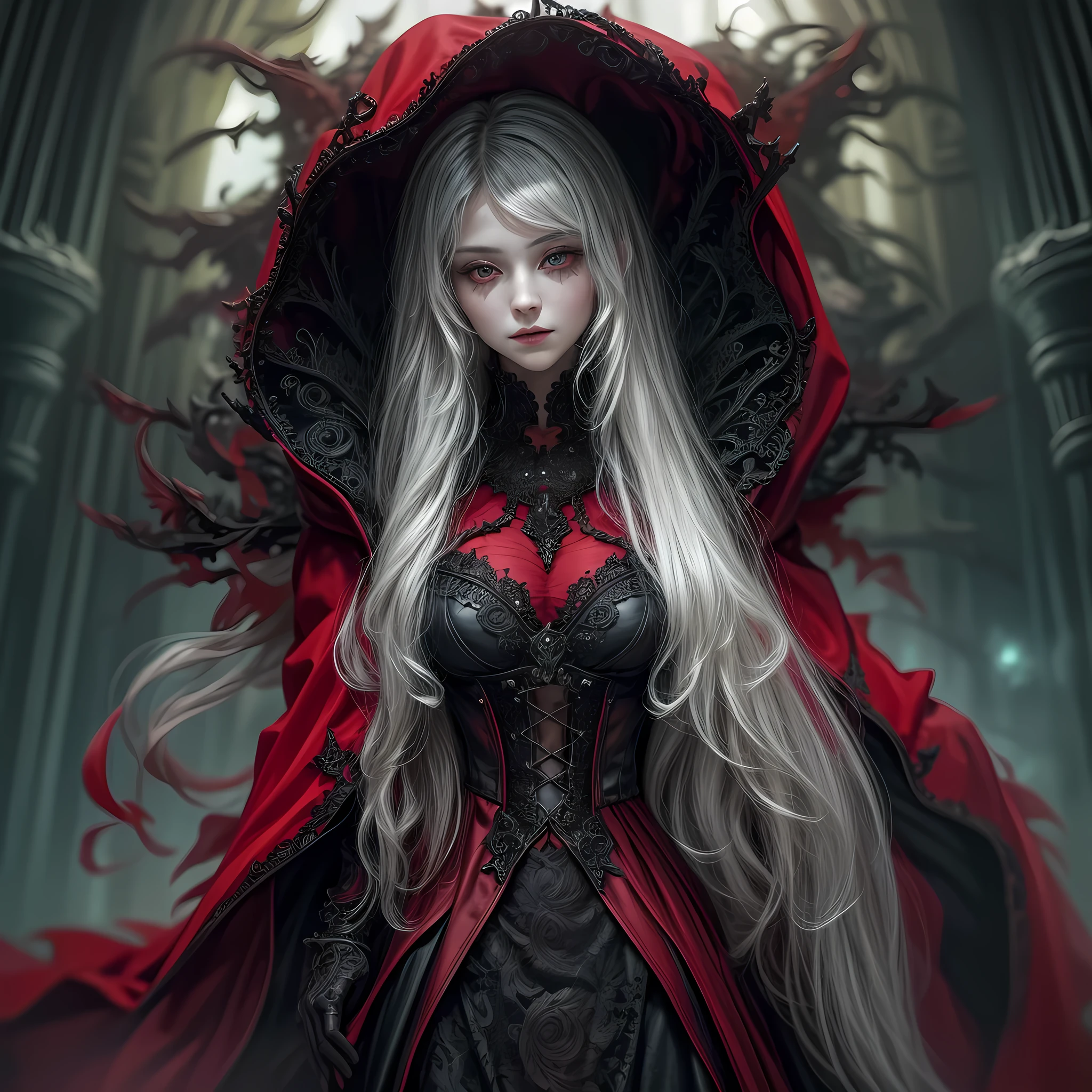 fantasy art, gothic art, (masterpiece:1.5), full body best details, highly detailed, best quality, Glowing Red, highres, full body portrait of a vampire, elf (Masterpiece, best quality: 1.6), ultra feminine, wizard, (intricate details, Masterpiece, best quality: 1.5) with a long curvy hair, light color hair, (red1.3) eyes, (fantasy art, Masterpiece, best quality), ((beautiful delicate face)), Ultra Detailed Face (intricate details, fantasy art, Masterpiece, best quality: 1.5), [[vampiric fangs 1.5]] (red cloak: 1.3) , flowing cloak (intricate details, fantasy art, Masterpiece, best quality: 1.3), wearing an intricate (black: 1.2) dress (intricate details, fantasy art, Masterpiece, best quality: 1.5), high heeled boots, urban background (intense details, beat details), fantasy, at night light, natural ,moon light, clouds, gothic atmosphere, soft light, dynamic light, [[anatomically correct]], high details, best quality, 8k, [ultra detailed], masterpiece, best quality, (extremely detailed), dynamic angle