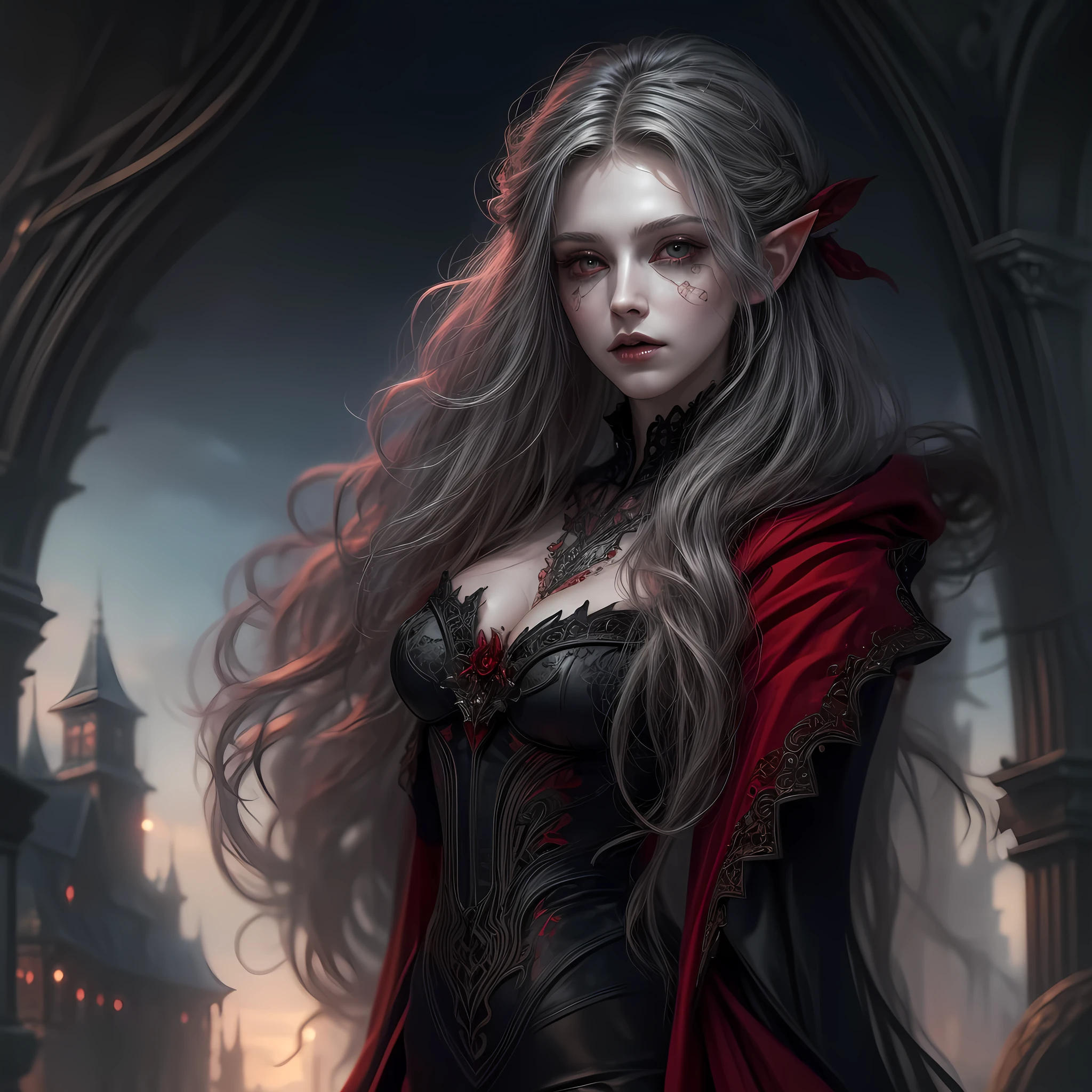 fantasy art, gothic art, (masterpiece:1.5), full body best details, highly detailed, best quality, Glowing Red, highres, full body portrait of a vampire, elf (Masterpiece, best quality: 1.6), ultra feminine, wizard, (intricate details, Masterpiece, best quality: 1.5) with a long curvy hair, light color hair, (red1.3) eyes, (fantasy art, Masterpiece, best quality), ((beautiful delicate face)), Ultra Detailed Face (intricate details, fantasy art, Masterpiece, best quality: 1.5), [[vampiric fangs 1.5]] (red cloak: 1.3) , flowing cloak (intricate details, fantasy art, Masterpiece, best quality: 1.3), wearing an intricate (black: 1.2) dress (intricate details, fantasy art, Masterpiece, best quality: 1.5), high heeled boots, urban background (intense details, beat details), fantasy, at night light, natural ,moon light, clouds, gothic atmosphere, soft light, dynamic light, [[anatomically correct]], high details, best quality, 8k, [ultra detailed], masterpiece, best quality, (extremely detailed), dynamic angle