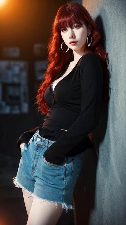 Ultra realistic, real girl, 16K, best quality, High resolution, hot atmosphere, dream atmosphere, 1 girl, 18 years old, Long messy red hair, messy bangs on forehead, sexy look with eyes, pale white skin, wearing alternative female black , earrings, fit body, big breasts, slim body, tall and hot, seductive, sensual posture, big hips, thick legs, torn clothes, blurred background, Depth, dream aesthetic, Atmosphere of dream, cinematic lighting.