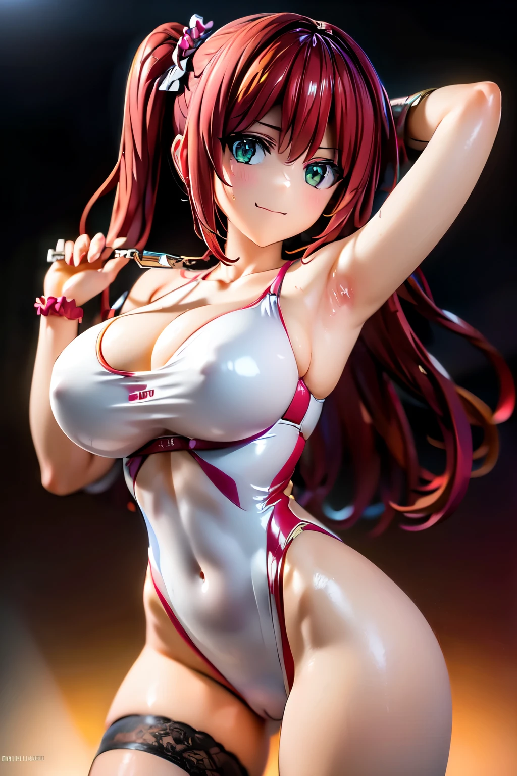 best quality, masterpiece, extremely detailed CG, official art , professional lighting, (sakimiyairuka), one side up, green scrunchie, hair ornament, red hair, green eyes, perfect face, gleaming skin, groin,(leotard), dynamic pose, gym, 