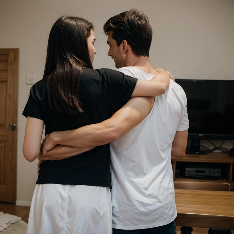 Create a hyper realistic and studio quality picture of a Man holding the hand of a beautiful mature girl wearing shorts, the man is looking into the eyes of the girl in a romantic way.