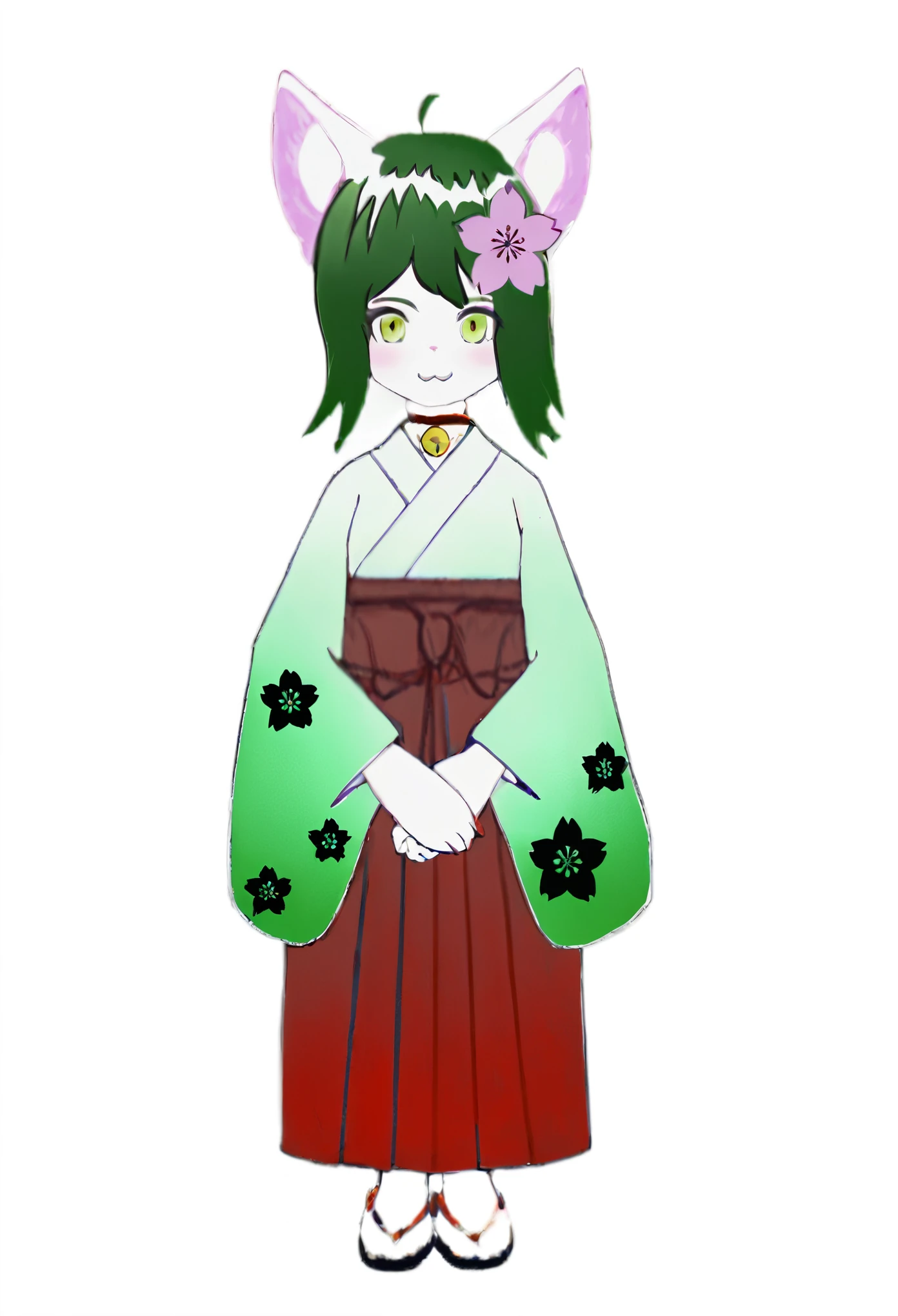 Anime girl in kimono outfit with cat ears and flowers, Favorite character, inspired by Takehisa Yumeji, Inspired by Makishiro, Non-Dual God of Spring, inspired by Nishikawa Sukenobu, mitsumayo, In kimono, Inspired by Buncho Tani, White cat with yellow eyes, green hair and white cat ears、Cat&#39;s paw in green kimono illustration painting drawing cute cherry blossom