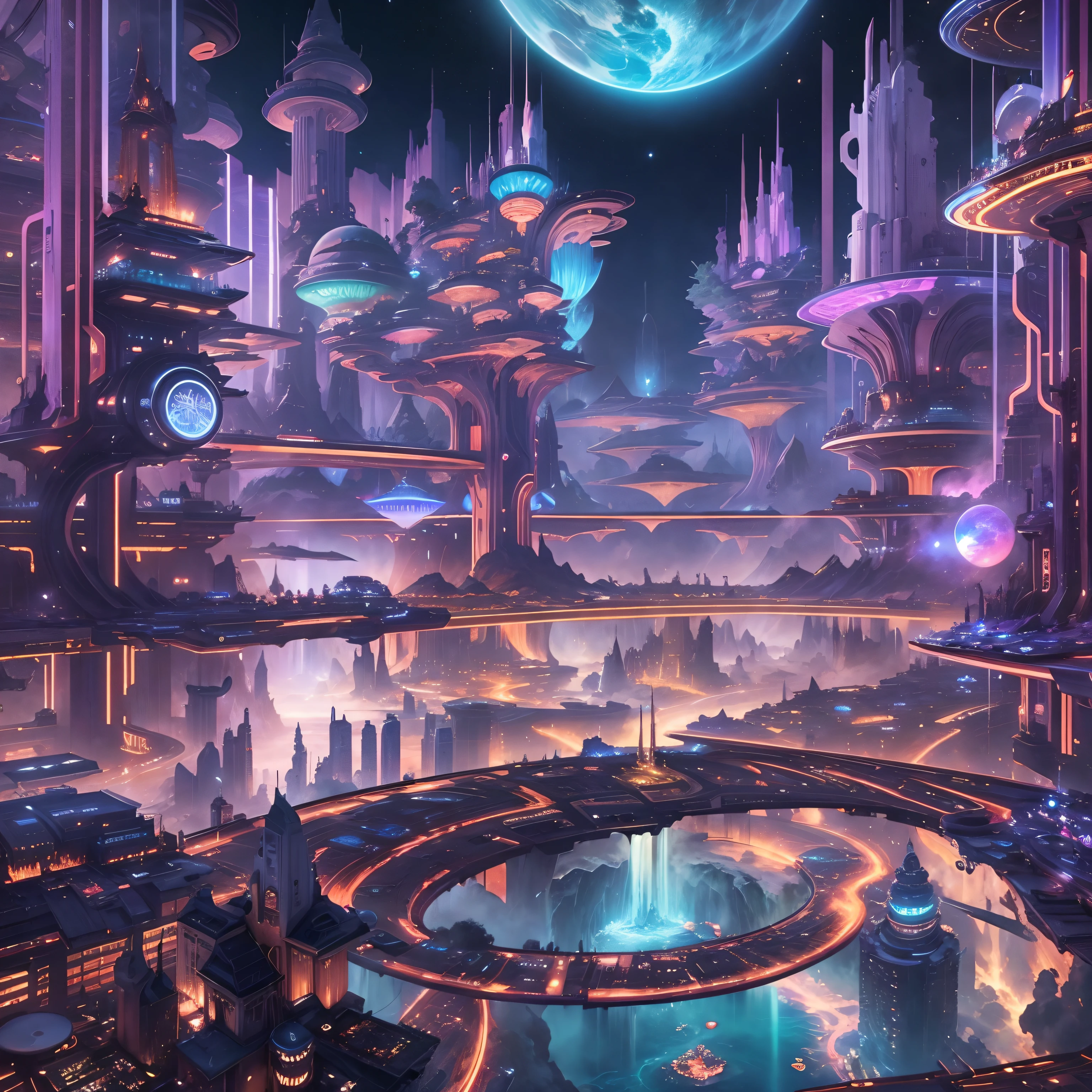Space City、Futuristic cities、floating in the universe、cyberpunked、Skyscrapers line the streets、A space station、top-quality、masterpiece、24century、dream、utopian、planet earth、World of Dreams、Fantasia、𝓡𝓸𝓶𝓪𝓷𝓽𝓲𝓬、Super huge waterfall、SFart by、Super huge structure、