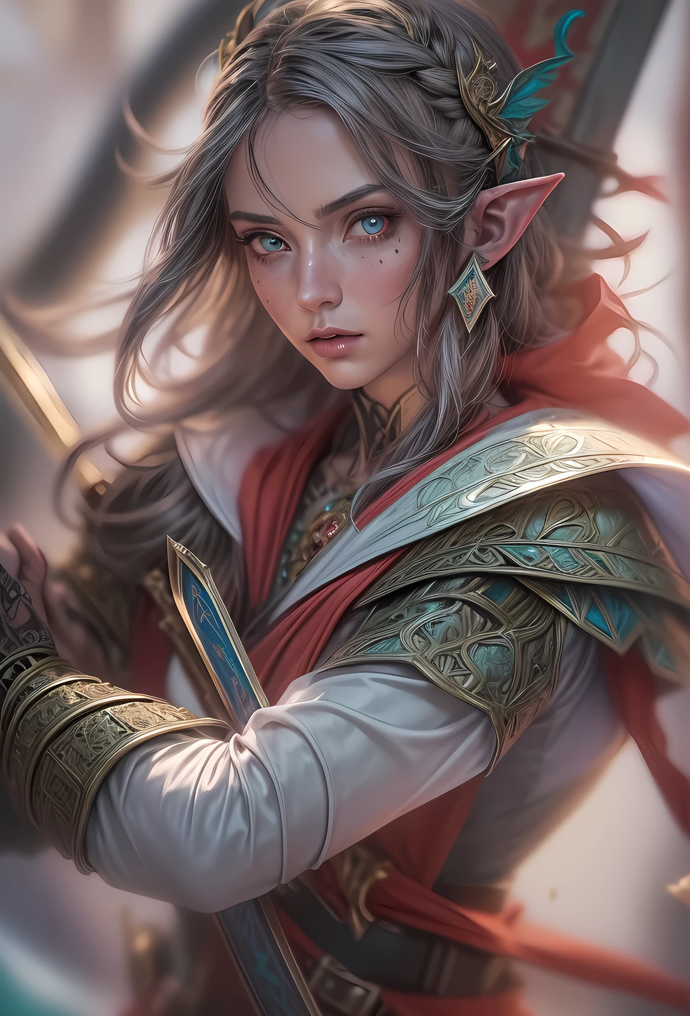 speedpainting a picture of a female elf (intense details, Masterpiece, best quality: 1.5) fantasy swashbuckler, fantasy fencer, armed with a slim sword, shinning sword, metallic shine, colorful clothes, dynamic clothing, an ultra wide shot, full body (intense details, Masterpiece, best quality: 1.5)epic beautiful female elf (intense details, Masterpiece, best quality: 1.5), rich hair, braided hair, small pointed ears, Sword and shield, GLOWING SWORD [colorful magical sigils in the air],[ colorful arcane markings floating] (intricate details, Masterpiece, best quality: 1.6), holding a [sword] (intricate details, Masterpiece, best quality: 1.6) holding a [sword glowing in red light] fantasy urban street (intense details, Masterpiece, best quality: 1.5),  purple cloak, long cloak (intense details, Masterpiece, best quality: 1.5), sense of daring, sense of adventure,  high details, best quality, 8k, [ultra detailed], masterpiece, best quality, (extremely detailed), dynamic angle, ultra wide shot, photorealistic, RAW, fantasy art, dnd art, fantasy art, realistic art, fantasysword sword, 