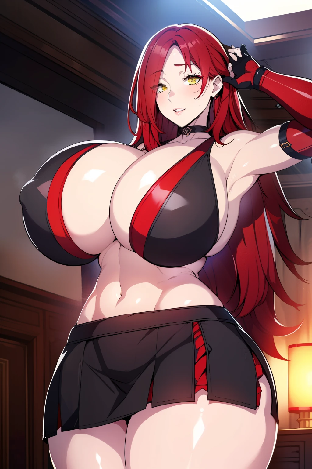 An anime-style artwork depicting astaroth from the game taimanin.
Tags: defAstaroth, hair over one eye, (black skirt suit:1.1), cleavage, pencil skirt, miniskirt,curvy, thighs, higheels, shiny clothes, skin tight, elbow gloves, anime, detailed eyes, detailed lips, ass, bare shoulders, (red hair:1.4), , cleavage,, long hair, solo, huge breasts, (yellow eyes:1.1),, smiling expression, intense gaze, dynamic pose, indoor, palace, vibrant colors, digital art, high-resolution, professional quality, gigantic breasts, (underboob : 1.4), curvy, cowboy shot, (gigantic breasts: 1.4),
