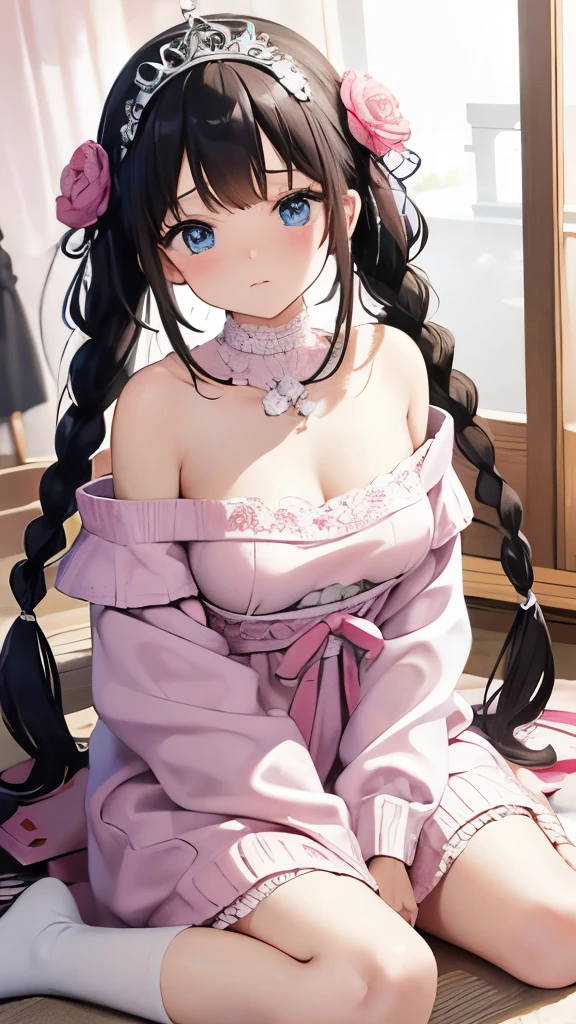 nsfw,Tiara on the head、、18year old、A dark-haired、japanes、Knitted clothes、Pink knitted off shoulder dress、White lace bracelet on arm、Sheep piercing、Longhaire、Braids、White sheep bag、Blue eyes、embarassed face、top-quality, ​masterpiece, 超A high resolution、Pink Room、Draw eyes in detail、flowers around