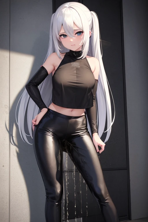 A girl with white hair. pees in shiny leggings. Urine runs down my legs. Pants are washed between the legs. She moans sexy and has an orgasm while standing