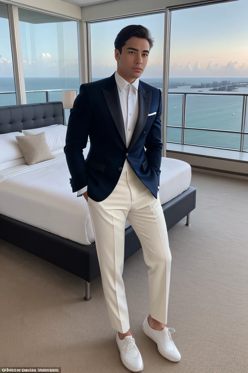 The man lies supine on the plush carpeting of his Miami hotel room, his gaze fixed on the breathtaking view before him. Clad in a full Louis Vuitton ensemble - the tailored blazer, fitted pants, and pristine shirt complementing each other perfectly - his attire exudes a sophisticated and contemporary air. Even the sneakers peeking out from under the edge of the bed are a testament to his impeccable taste, hailing from the same iconic brand.

The panorama of the city skyline or the vast expanse of the ocean stretches out before him, a sight both luxurious and elegant. The setting sun casts a warm, soft