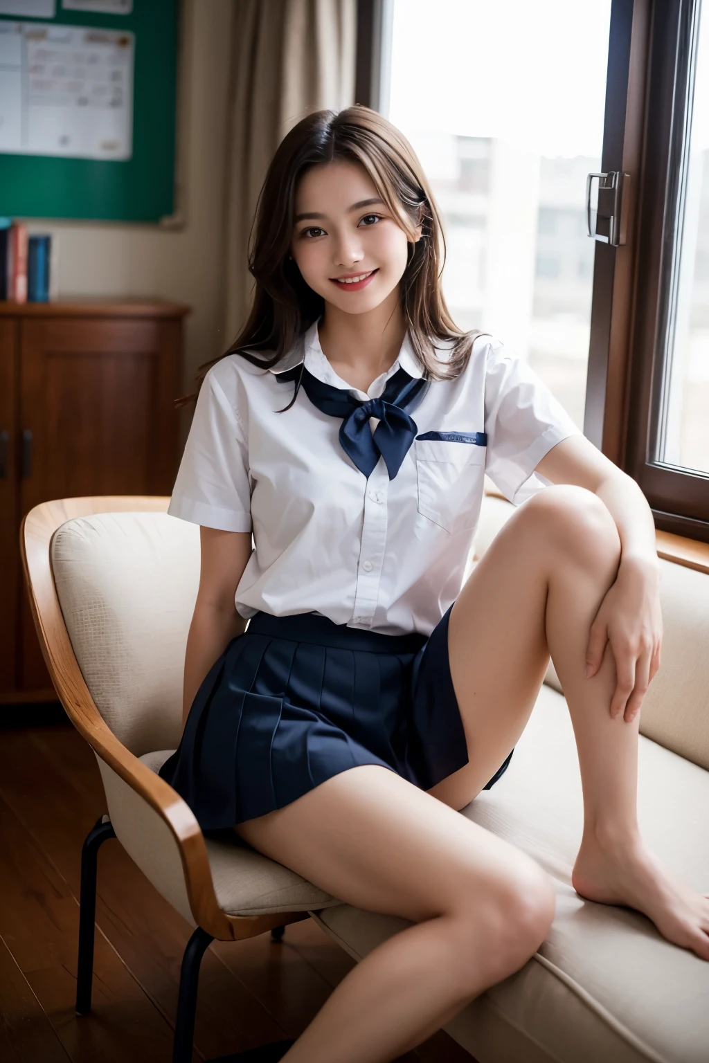 (masterpiece、high resolution、high quality),(Perfect school girl、Perfect Anatomy、Beautiful limbs、Beautiful Skin、school uniform)、Sitting on a chair、smile、Window、Beautiful pose、sparkling hair、Clear Eyes、Supermodel、Professional Gravure、