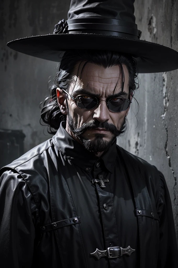 portrait of a mature man 50 years old, With the Cross, готическое Face, gothic horror atmosphere, ominous gothic aesthetics, gloomy black eyes, Small, clearly defined beard and mustache., round sunglasses, gothic art style, creepy gothic portrait, with black eyes, dark fantasy, mixed with realism, gothic aesthetics, God of death, Dark and scary style, with black scleral eyes, Face. Realistic black leather.
