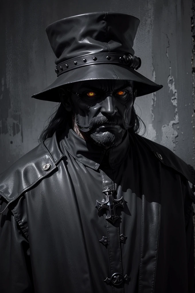 portrait of a mature man 50 years old, With the Cross, готическое Face, gothic horror atmosphere, ominous gothic aesthetics, gloomy black eyes, Small, clearly defined beard and mustache., round sunglasses, gothic art style, creepy gothic portrait, with black eyes, dark fantasy, mixed with realism, gothic aesthetics, God of death, Dark and scary style, with black scleral eyes, Face. Realistic black leather.