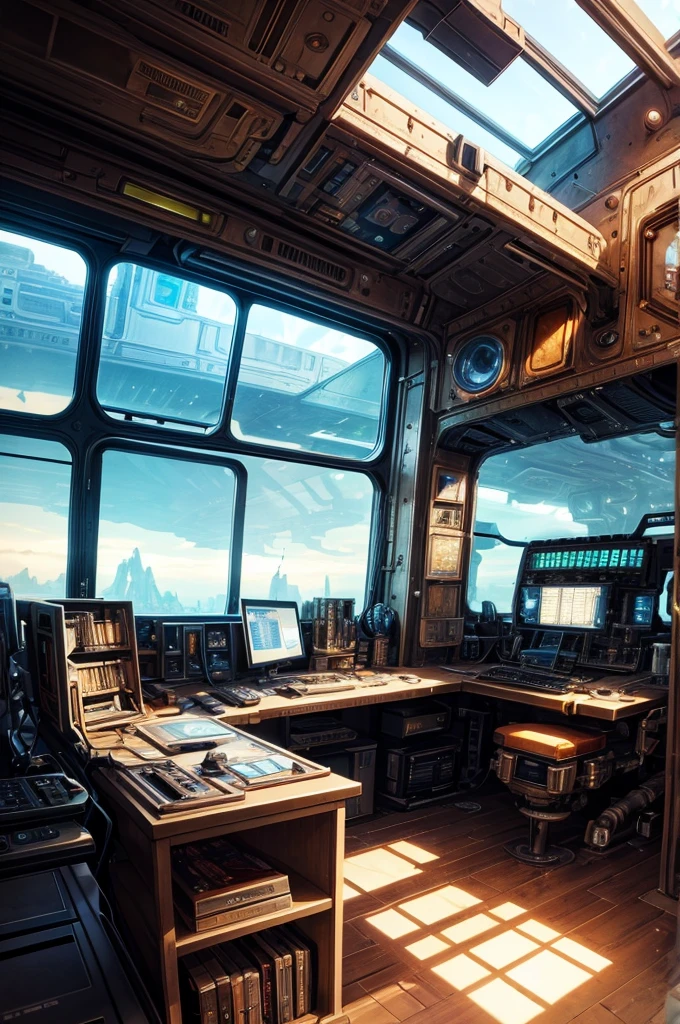 Steampunk look of the spaceship. You can see the scenery of an alien planet through the window, The entire space is filled with workstations with electronic devices and screens, Full HD