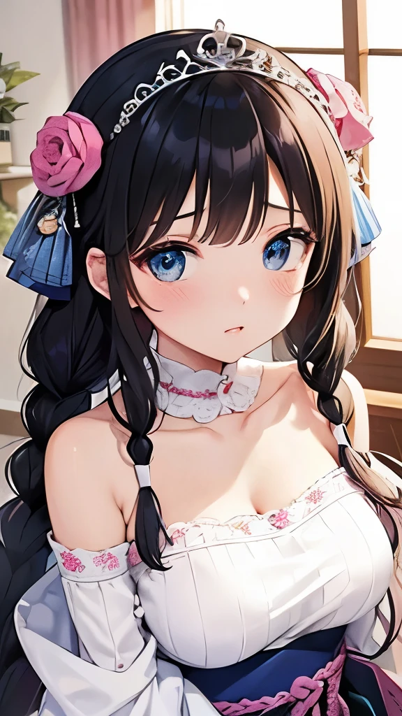 nsfw,remove wear,Tiara on the head、、18year old、A dark-haired、japanes、Knitted clothes、Pink knitted off shoulder dress、White lace bracelet on arm、Sheep piercing、Longhaire、Braids、White sheep bag、Blue eyes、embarassed face、top-quality, ​masterpiece, 超A high resolution、Pink Room、Draw eyes in detail、flowers around