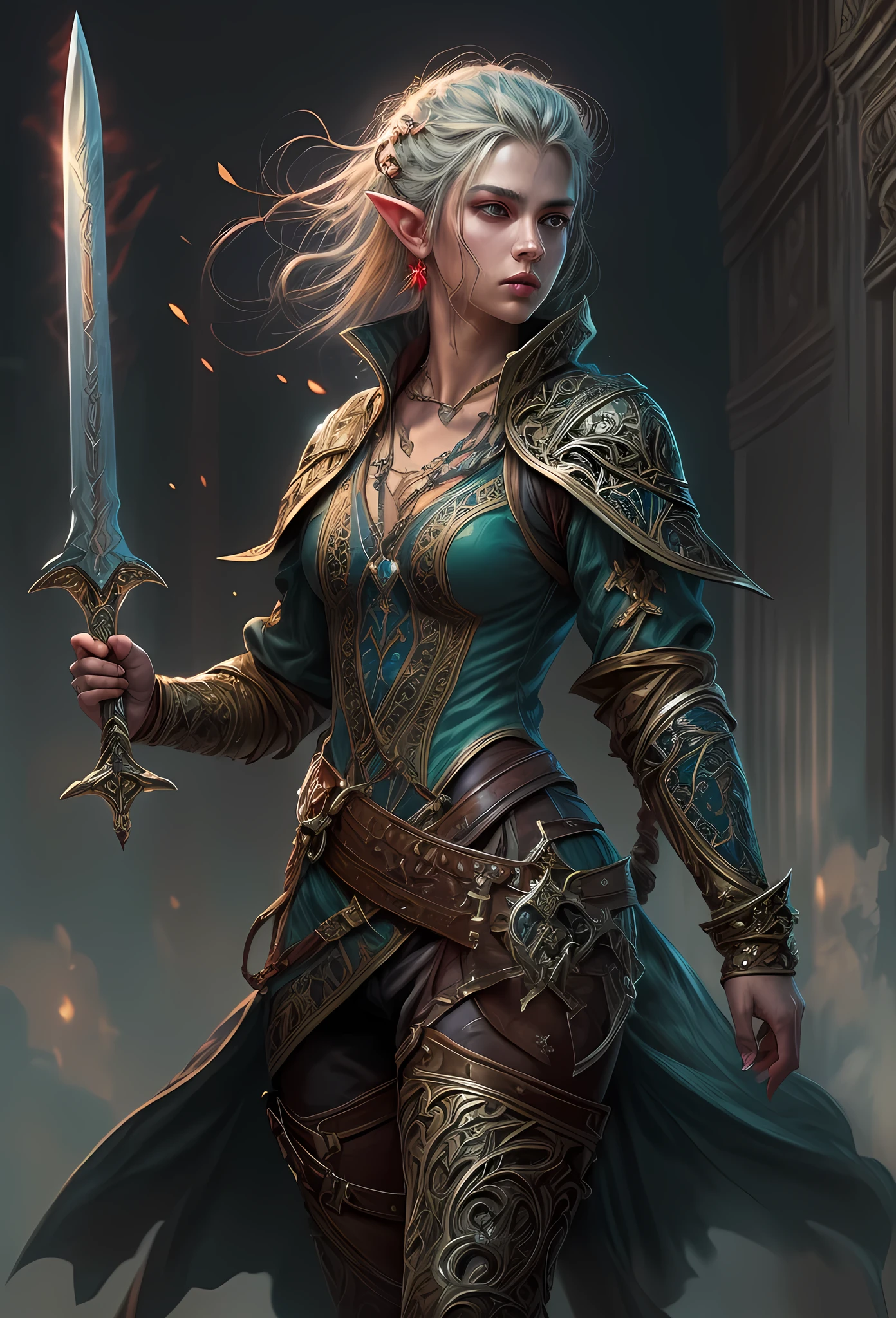 speedpainting a picture of a female elf (intense details, Masterpiece, best quality: 1.5) fantasy swashbuckler, fantasy fencer, armed with a slim sword, shinning sword, metallic shine, colorful clothes, dynamic clothing, an ultra wide shot, full body (intense details, Masterpiece, best quality: 1.5)epic beautiful female elf (intense details, Masterpiece, best quality: 1.5), rich hair, braided hair, small pointed ears, Sword and shield, GLOWING SWORD [colorful magical sigils in the air],[ colorful arcane markings floating] (intricate details, Masterpiece, best quality: 1.6), holding a [sword] (intricate details, Masterpiece, best quality: 1.6) holding a [sword glowing in red light] fantasy urban street (intense details, Masterpiece, best quality: 1.5),  purple cloak, long cloak (intense details, Masterpiece, best quality: 1.5), sense of daring, sense of adventure,  high details, best quality, 8k, [ultra detailed], masterpiece, best quality, (extremely detailed), dynamic angle, ultra wide shot, photorealistic, RAW, fantasy art, dnd art, fantasy art, realistic art, fantasysword sword, 