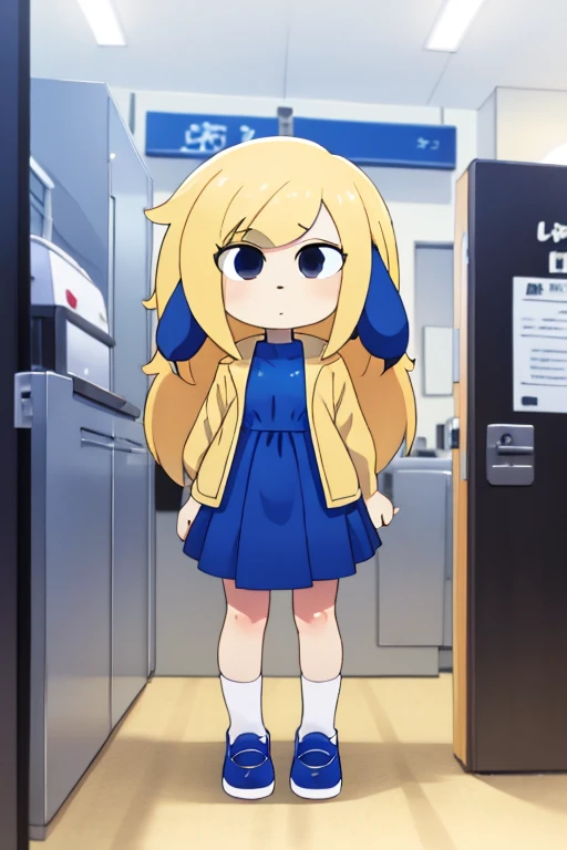 1girl,blue dog ears  brown  jacket blue dress White socks black shoes black eyes blonde hair  