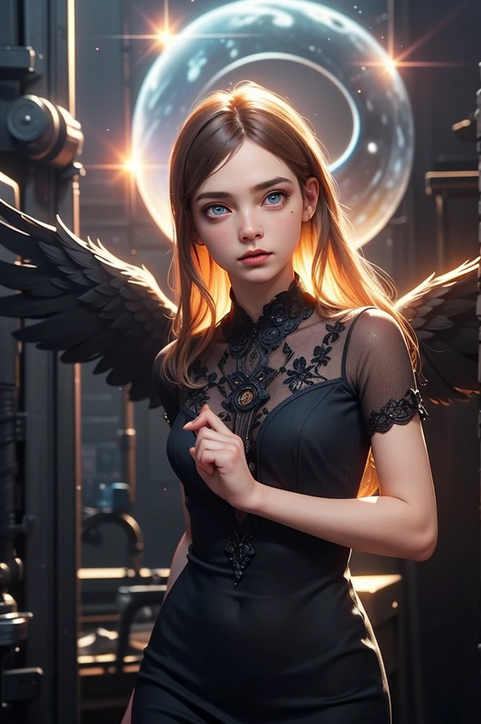 space, Distant stars, Fantastic image. Face. figure. Graceful forms. Graceful girl.
(high quality), (stylization - animation, realism). Dark cool colors mixed with warm shades.
angel girl, photorealistic, Cinematic picture, high detail, complete black hole, 8K. dynamic expressive image (1 girl; 1.3), One, (((Very detailed eyes and face))), Beautiful detailed eyes. masterpiece, Best quality, full length portrait, amazing beauty, dynamic pose, нежное Face, and bright eyes. (front) She wears transparent, semi-sheer dress, emphasizing a slim figure. She&#39;s an angel, descended into the underworld. She&#39;s a savior, light in the dark kingdom, radiating a soft glow. High detail, Other worlds, fire light, detail, high quality, Muffled light, dark environments - the spooky cinematic setting is great. Girl with white skin, realistic detailed skin, clear focus, volumetric mist near the floor, 8K, UHD, SLR camera, high quality, granularity. photorealism, lomography, fantastic dark art, Utopian reality.