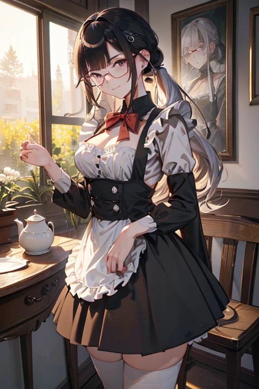 (best quality, masterpiece), (ultra high resolution, 8K RAW photo, photo realistics:1.5, textile shading, thin outline, clear focus:1.2), Beautuful Matured woman preparing tea-time in the garden, standing by the round table, (tea set, tea pot, tea cups, some Strawberrycakes on dish), classy art deco style table, wearing light_brown maid uniform, breast cleavage:1.2, maid costume:1.2, long flare skirts, apron, bow ties on thechest, long tall sally, long legs, long silver white hair, (wearing thin-flame glasses:1.2), (milf:1.5, 28 years old, solo), (medium breast, sagging breast, big tits, narrow waist), (medium short white hair, hair over one eye, (updo hair:1.2), side lock, asymmetric hair, wavy hair), (bright pupils, detailed eyes, high detailed face, Perfect face shape, eye rush), (seductitve smiling, half-closing eyes), (looking at viewers:1.3), (dynamic angle, full body, from above:0.9), ((correct anatomy:1.5, correct hands)), (ideal ratio of body proportions), (outdoor:1.2, grass field),
