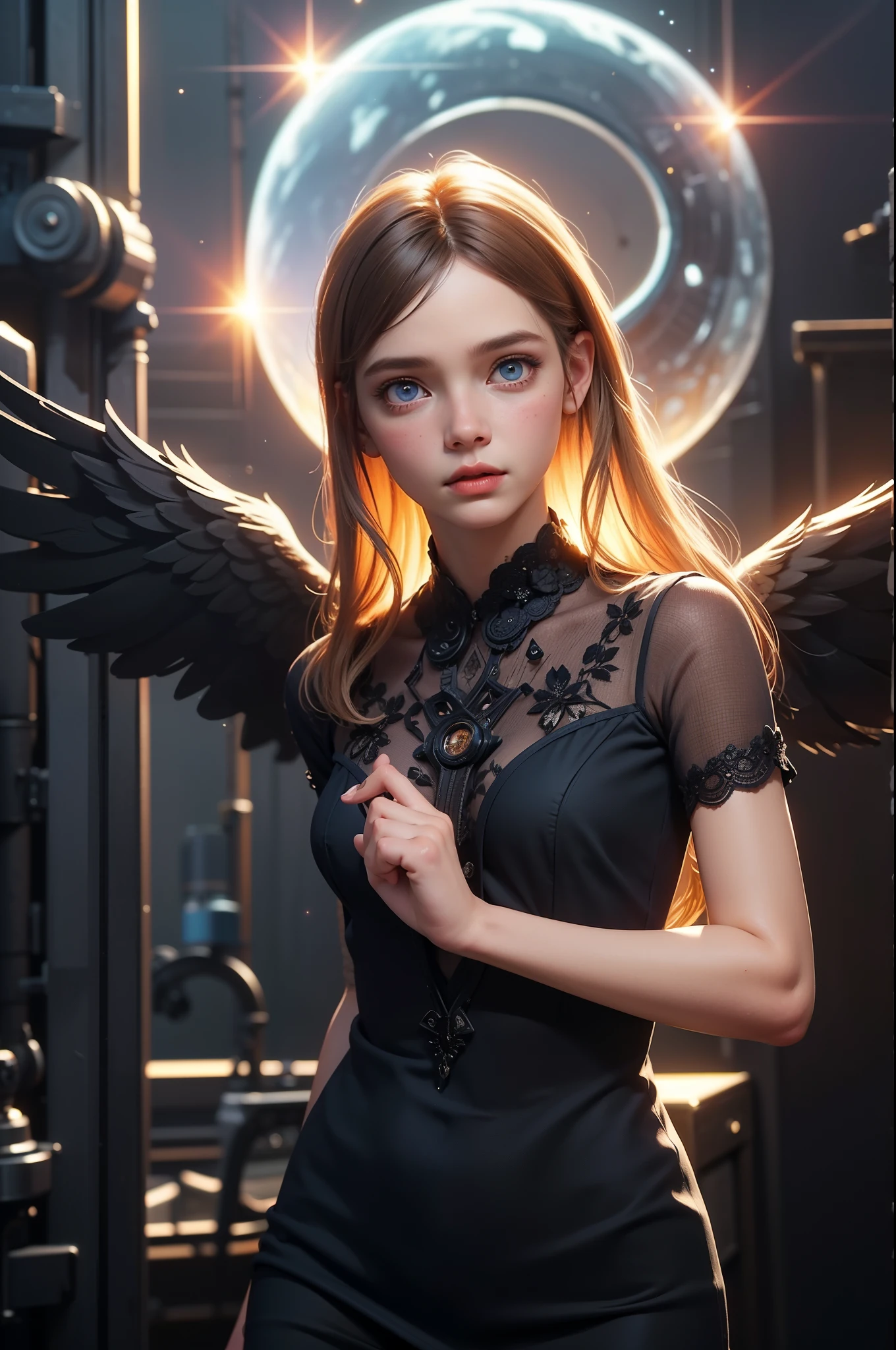 space, Distant stars, Fantastic image. Face. figure. Graceful forms. Graceful girl.
(high quality), (stylization - animation, realism). Dark cool colors mixed with warm shades.
angel girl, photorealistic, Cinematic picture, high detail, complete black hole, 8K. dynamic expressive image (1 girl; 1.3), One, (((Very detailed eyes and face))), Beautiful detailed eyes. masterpiece, Best quality, full length portrait, amazing beauty, dynamic pose, нежное Face, and bright eyes. (front) She wears transparent, semi-sheer dress, emphasizing a slim figure. She's an angel, descended into the underworld. She's a savior, light in the dark kingdom, radiating a soft glow. High detail, Other worlds, fire light, detail, high quality, Muffled light, dark environments - the spooky cinematic setting is great. Girl with white skin, realistic detailed skin, clear focus, volumetric mist near the floor, 8K, UHD, SLR camera, high quality, granularity. photorealism, lomography, fantastic dark art, Utopian reality.
