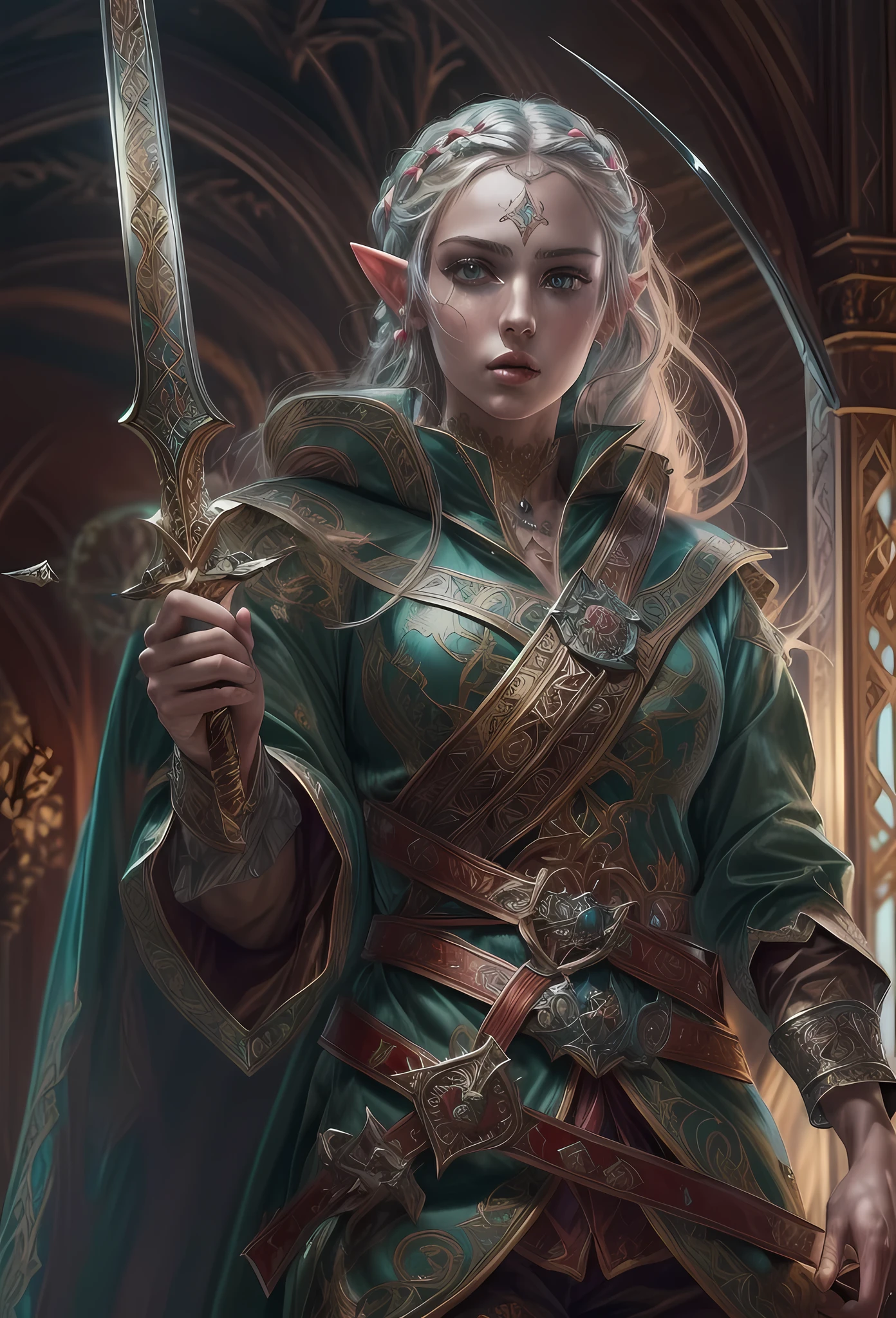 speedpainting a picture of a female elf (intense details, Masterpiece, best quality: 1.5) fantasy swashbuckler, fantasy fencer, armed with a slim sword, shinning sword, metallic shine, colorful clothes, dynamic clothing, an ultra wide shot, full body (intense details, Masterpiece, best quality: 1.5)epic beautiful female elf (intense details, Masterpiece, best quality: 1.5), rich hair, braided hair, small pointed ears, Sword and shield, GLOWING SWORD [colorful magical sigils in the air],[ colorful arcane markings floating] (intricate details, Masterpiece, best quality: 1.6), holding a [sword] (intricate details, Masterpiece, best quality: 1.6) holding a [sword glowing in red light] fantasy urban street (intense details, Masterpiece, best quality: 1.5),  purple cloak, long cloak (intense details, Masterpiece, best quality: 1.5), sense of daring, sense of adventure,  high details, best quality, 8k, [ultra detailed], masterpiece, best quality, (extremely detailed), dynamic angle, ultra wide shot, photorealistic, RAW, fantasy art, dnd art, fantasy art, realistic art, fantasysword sword, 