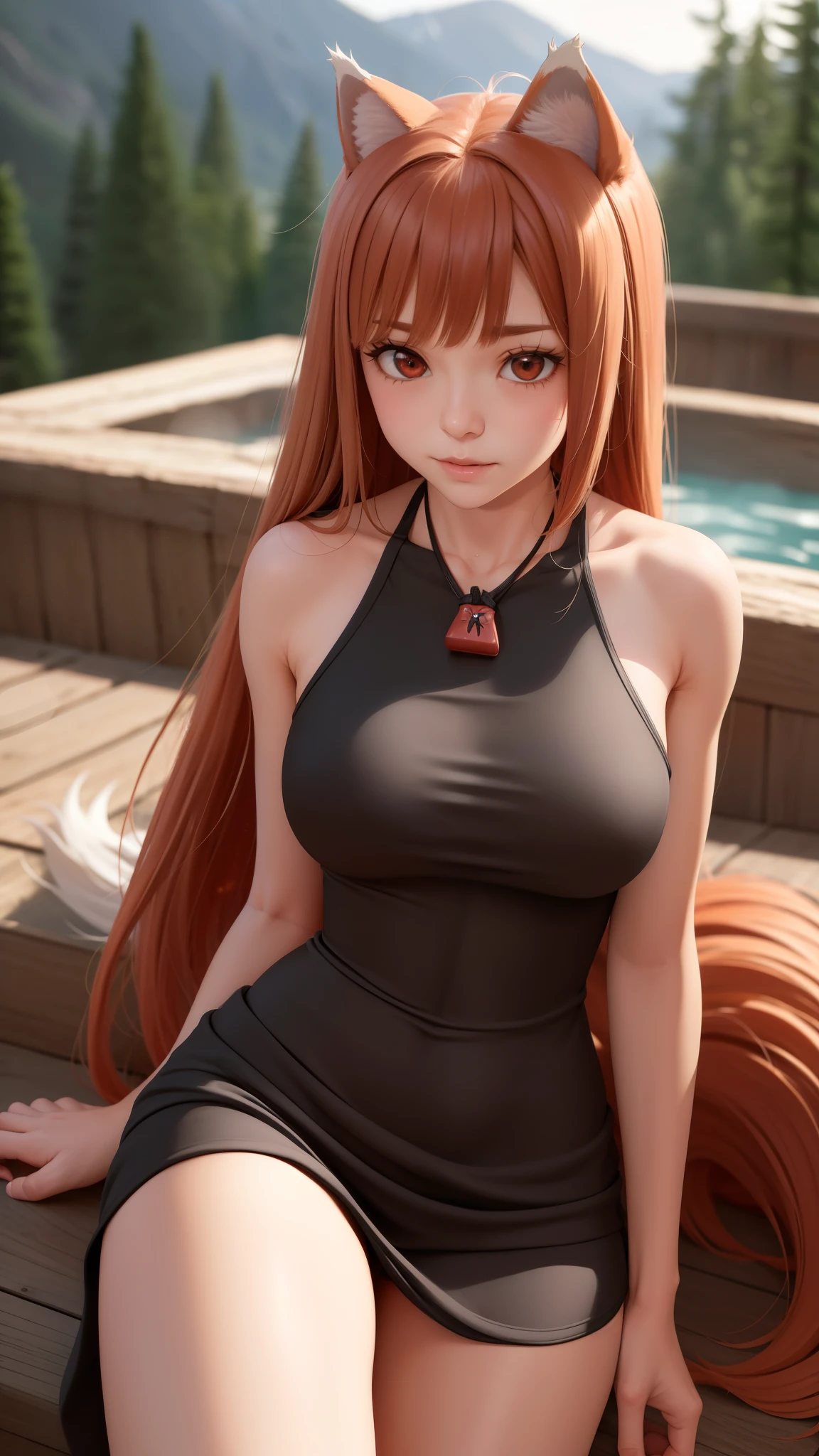  Ultra-detailed, HDR, UHD, ultra-fine painting, physical based rendering, extreme detail description, Professional, Vivid colors, bokeh, full-length portrait, landscape, style of Concept Artists, with a vibrant color palette, soft-lighting, Japanese hot springs, 1girl, long hair, brown hair, animal ears, red eyes, wolf tail, necklace, (with wolf ears), (red wolf girl, Wolf Female), ((muscular strong body)), (body scars, damaged), seductive sexy pose