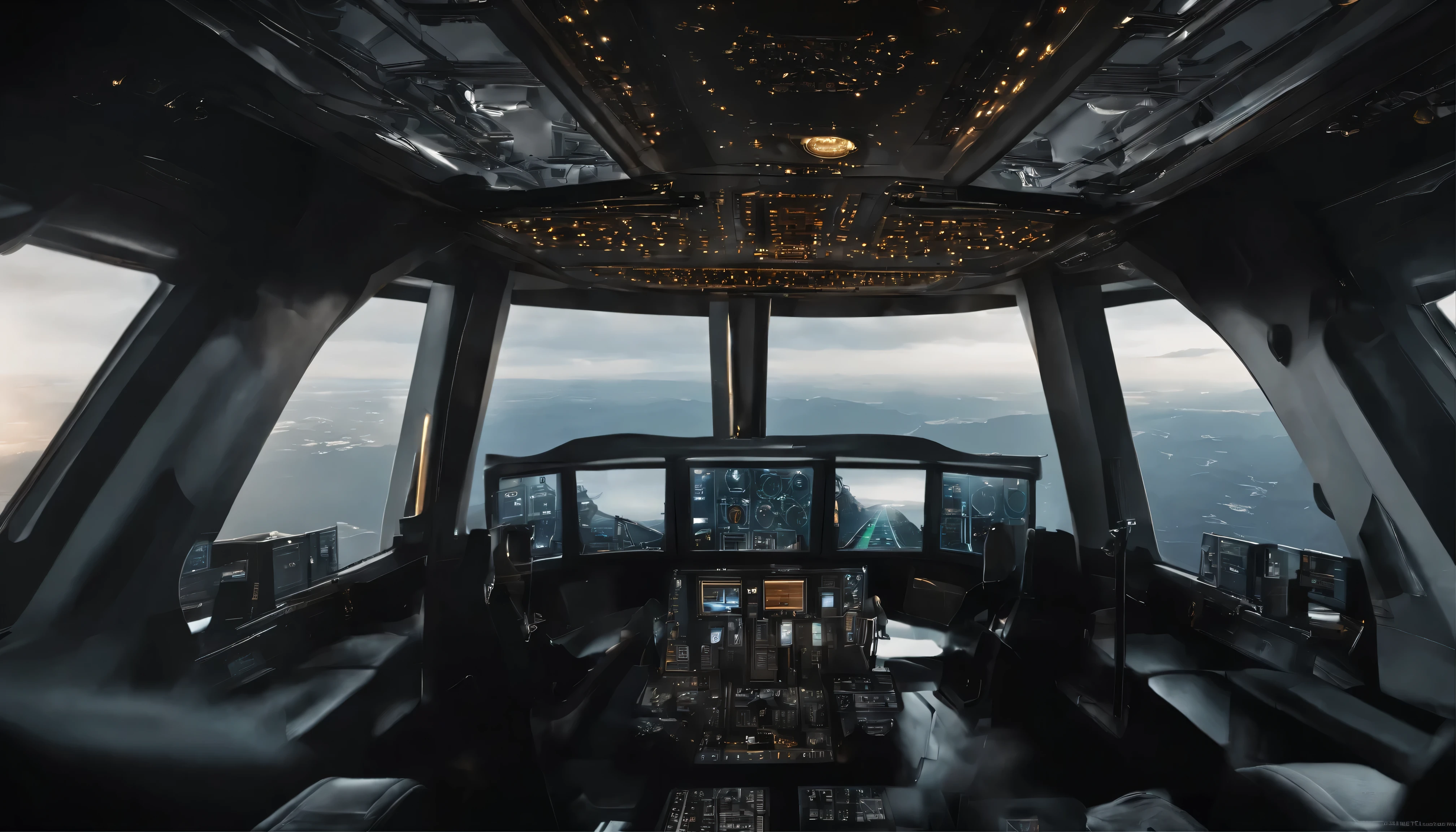 The cockpit of a futuristic airship、Looking down at the view outside from a large monitor。Large monitor screen on the floor、The ceiling and glass windows、It's pitch black in the cockpit、There are also instruments、All objects have precise shapes、The object is not blurred、Perfect photo、Actual Photos、High resolution、delicate、8k、