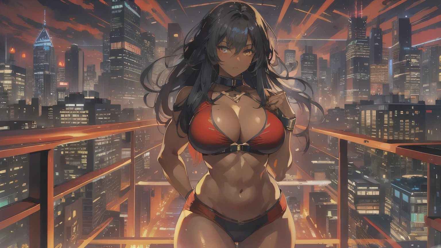 ((((masterpiece, highest quality, Ultra-high resolution)))), She has a beautiful curvaceous and muscular figure,(She has huge tits),(((dark skin))),long black hair,she is wearing a midriff-baring red t-shirt,swim briefs,modern cityscape