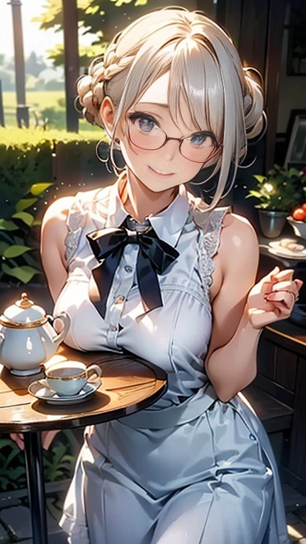 (best quality, masterpiece), (ultra high resolution, 8K RAW photo, photo realistics:1.5, textile shading, thin outline, clear focus:1.2), Beautuful Matured woman preparing tea-time in the garden, standing by the round table, (tea set, tea pot, tea cups, some Strawberrycakes on dish), classy art deco style table, wearing light_brown maid uniform, breast cleavage:1.2, maid costume:1.2, long flare skirts, apron, bow ties on thechest, long tall sally, long legs, long silver white hair, (wearing thin-flame glasses:1.2), (milf:1.5, 28 years old, solo), (medium breast, sagging breast, big tits, narrow waist), (medium short white hair, hair over one eye, (updo hair:1.2), side lock, asymmetric hair, wavy hair), (bright pupils, detailed eyes, high detailed face, Perfect face shape, eye rush), (seductitve smiling, half-closing eyes), (looking at viewers:1.3), (dynamic angle, full body, from above:0.9), ((correct anatomy:1.5, correct hands)), (ideal ratio of body proportions), (outdoor:1.2, grass field),
